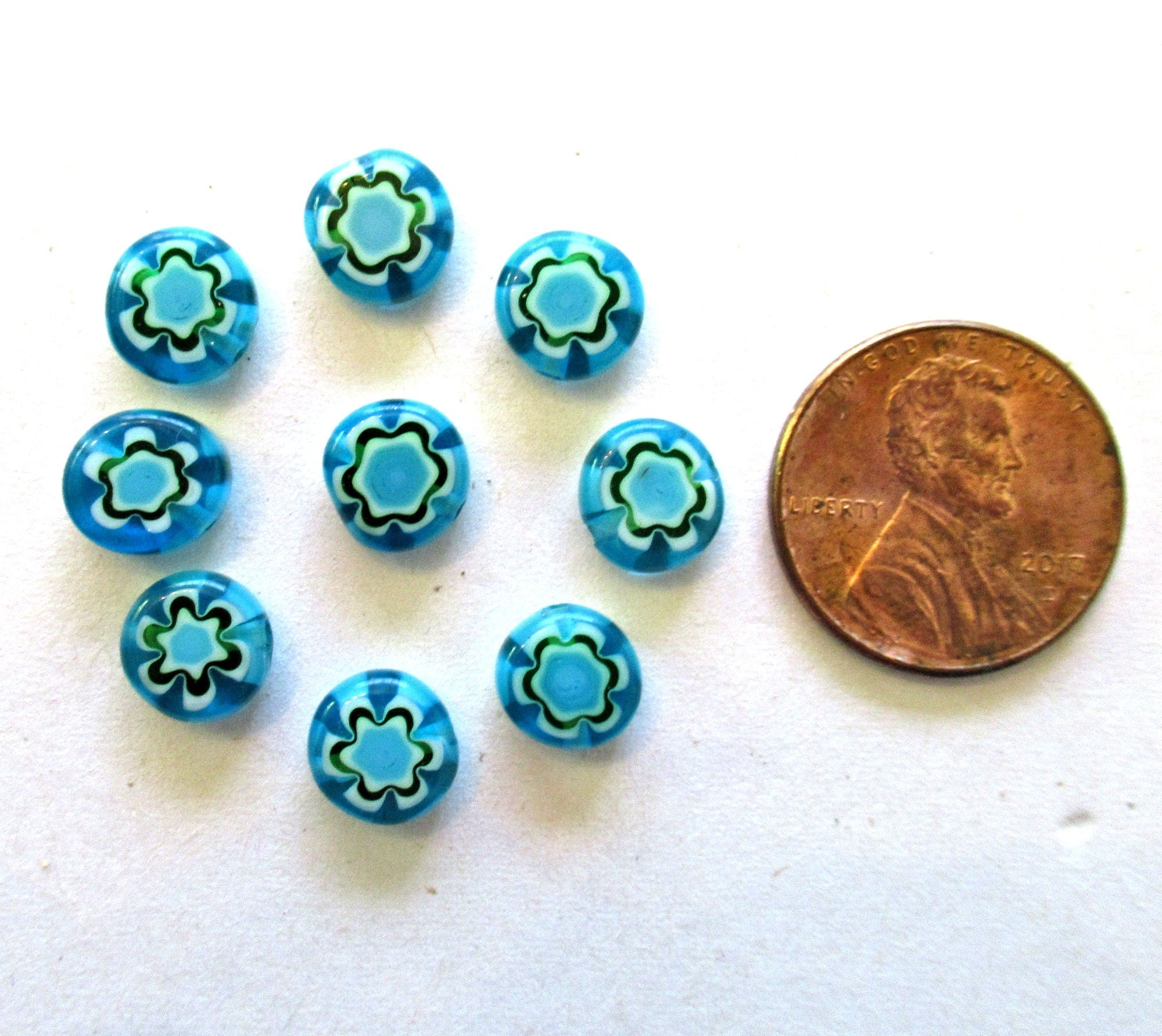 Ten 8mm cane or millefiori glass beads - aqua blue green and white coin or disc beads - C0083