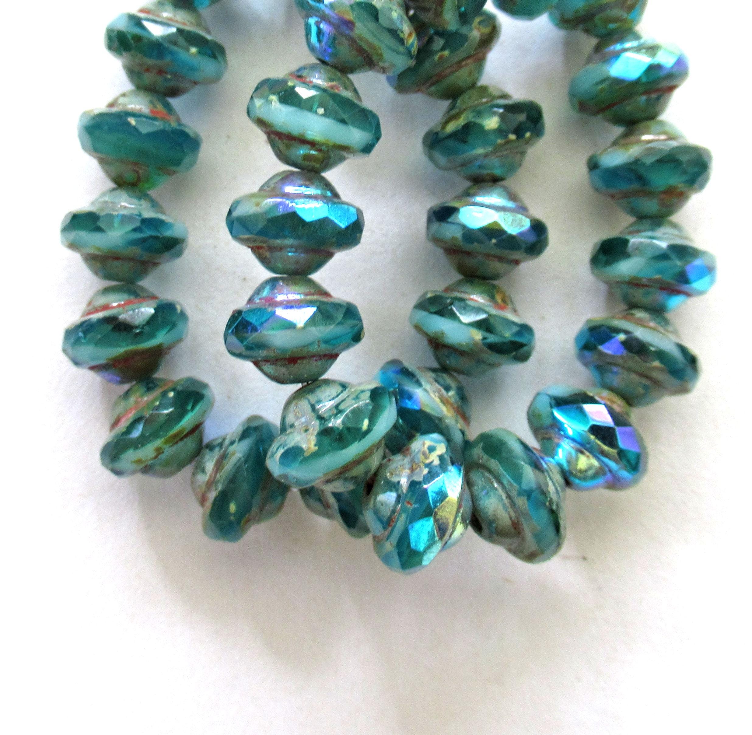 15 Czech glass mini saturn beads - 6 x 8mm opaque & transparent teal blue green ab picasso beads - faceted fire polished saucer beads- 00842