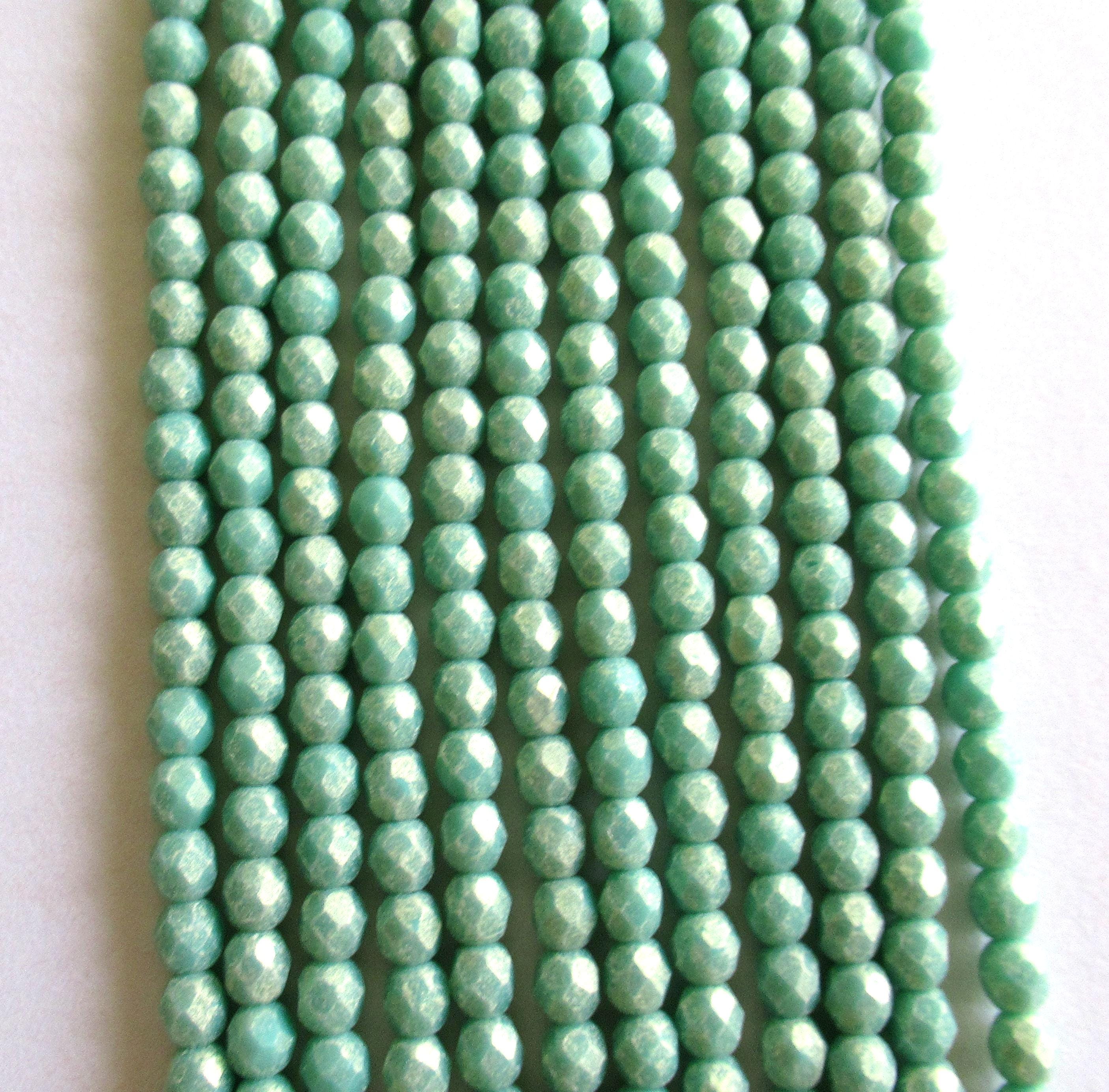 Lot of 50 4mm Czech glass beads - opaque Sueded Gold Turquoise blue green beads - fire polished faceted round beads - C0066