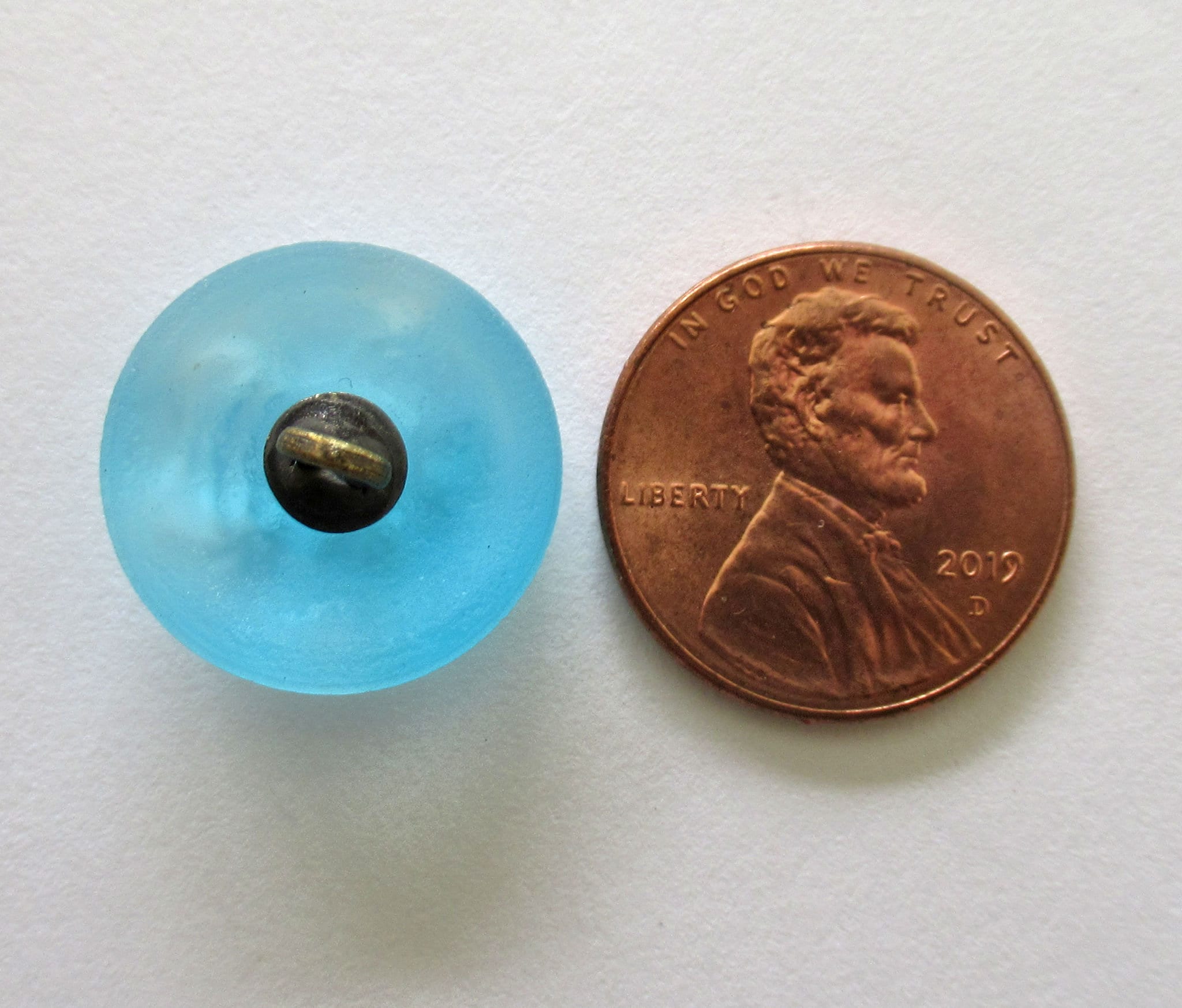 One 18mm Czech glass button - matte sky blue ab moon face button - decorative shank buttons 00432