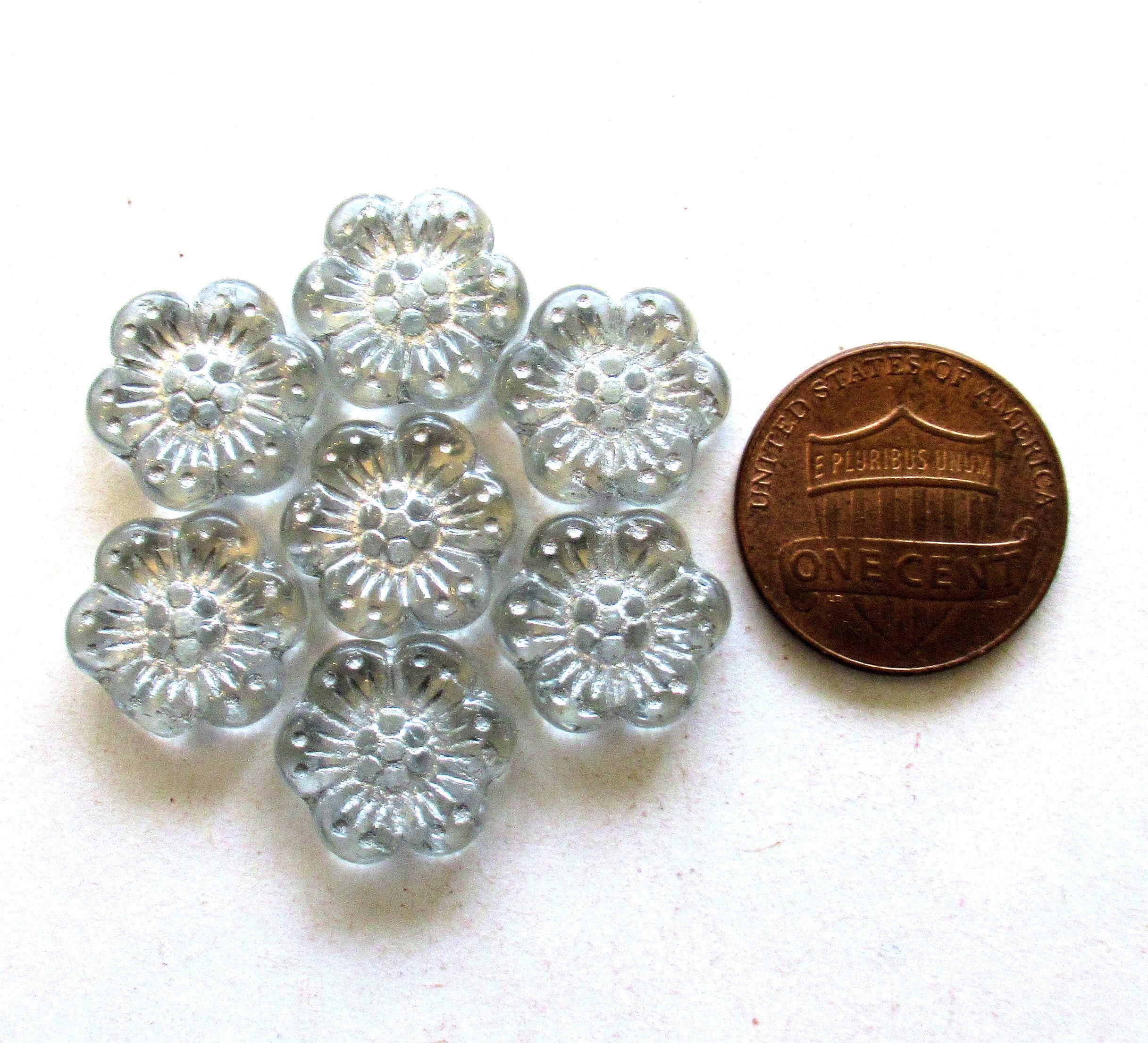 Ten Czech glass wild rose flower beads - 14mm transparent crystal clear floral beads with a silver wash C00221