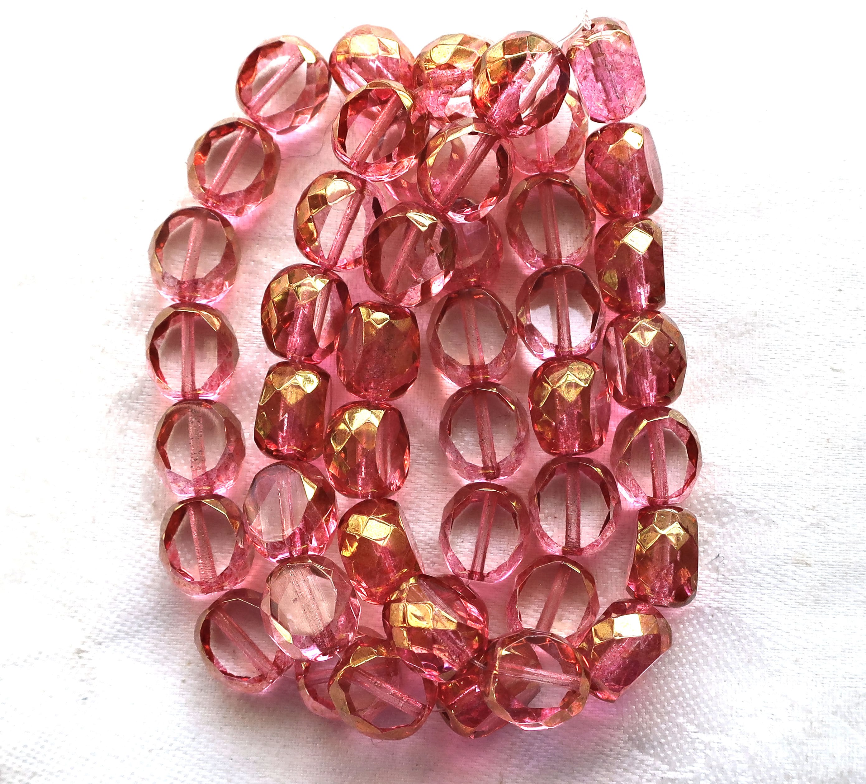 Five 12mm round, dual faceted. table cut Czech glass beads, pink & gold picasso window beads, chunky statement , focal beads 611101