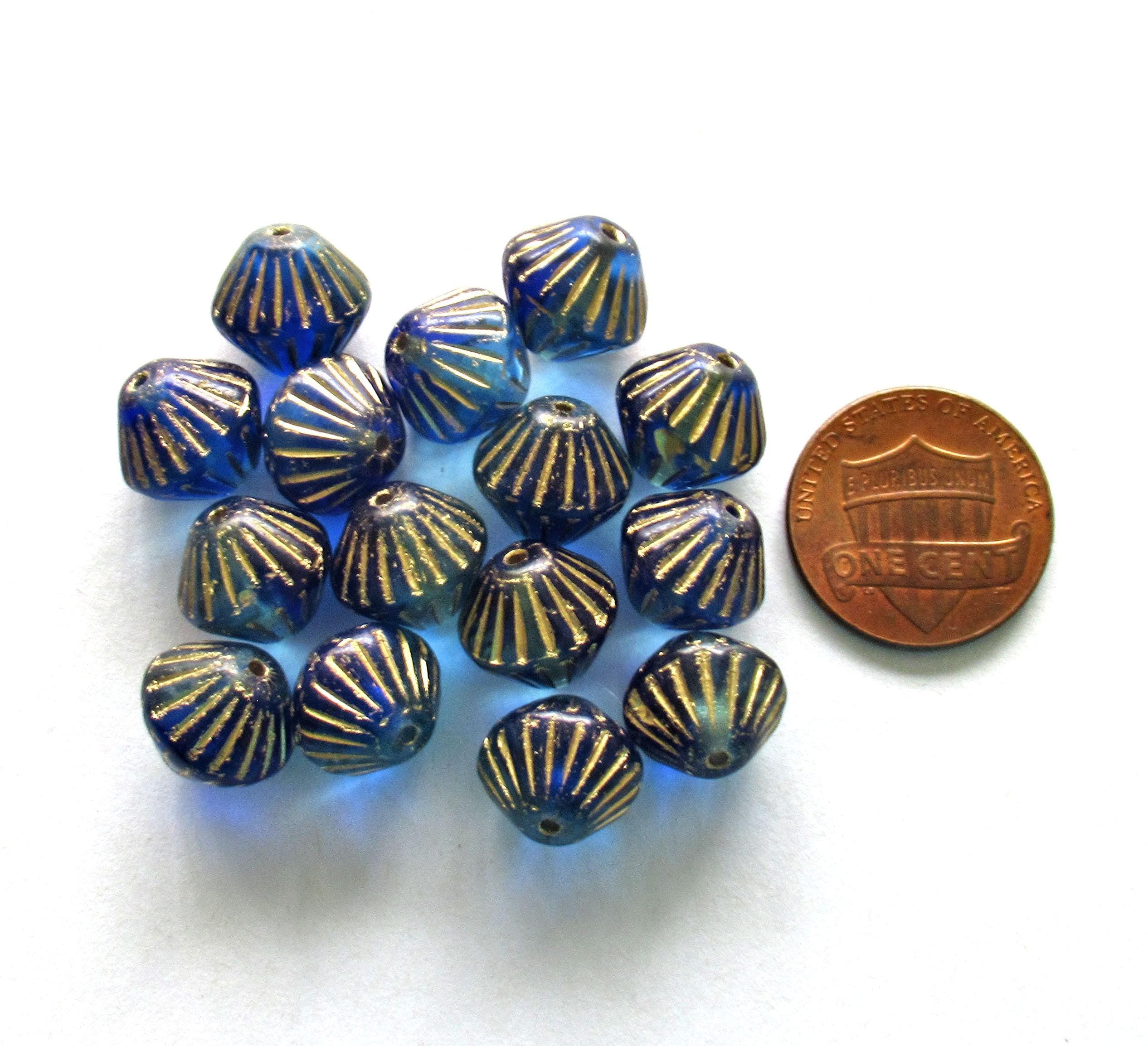 Five Czech glass bicones - 11mm x 10mm - sapphire & aqua blue mix with gold accents - carved chunky rustic bicone beads - C0057