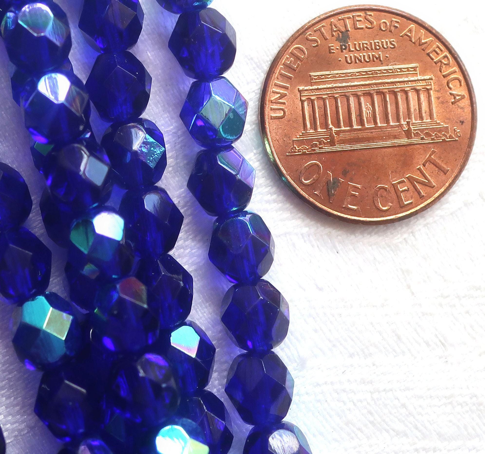 Lot of 25 6mm Czech glass beads, cobalt blue AB fire polished faceted round beads C7525