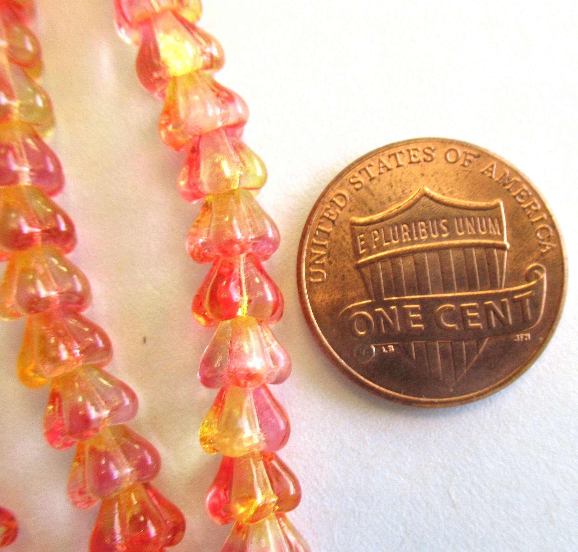 Lot of 50 6mm x 4mm baby bell flower Czech glass beads - fuchsia / lemon - pink / yellow / orange flower beads - C0059