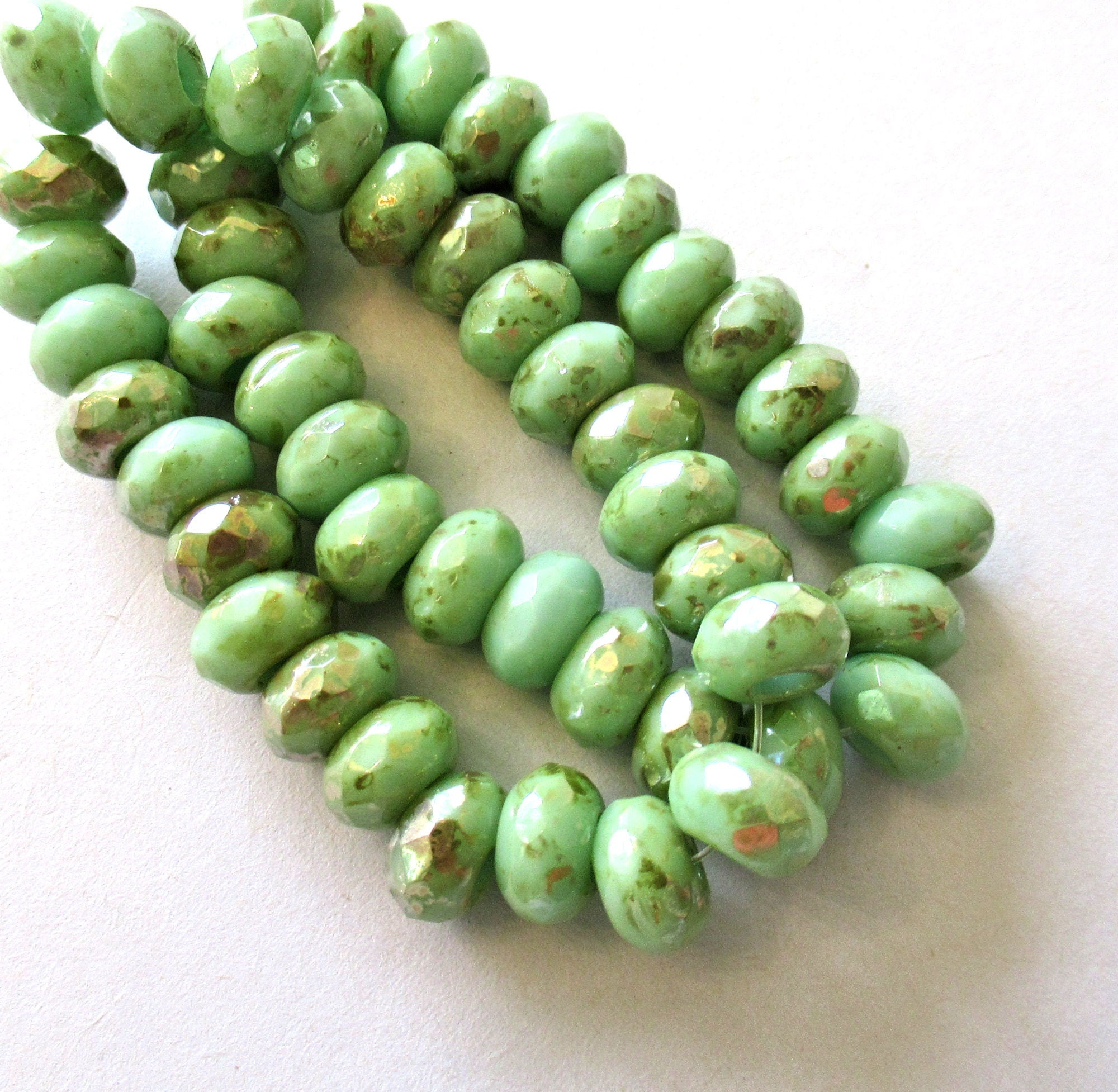 Ten Czech glass faceted roller or rondelle beads - opaque mint green w/gold picasso finish - 86 x 9mm big 3.5mm hole tyre beads 000711
