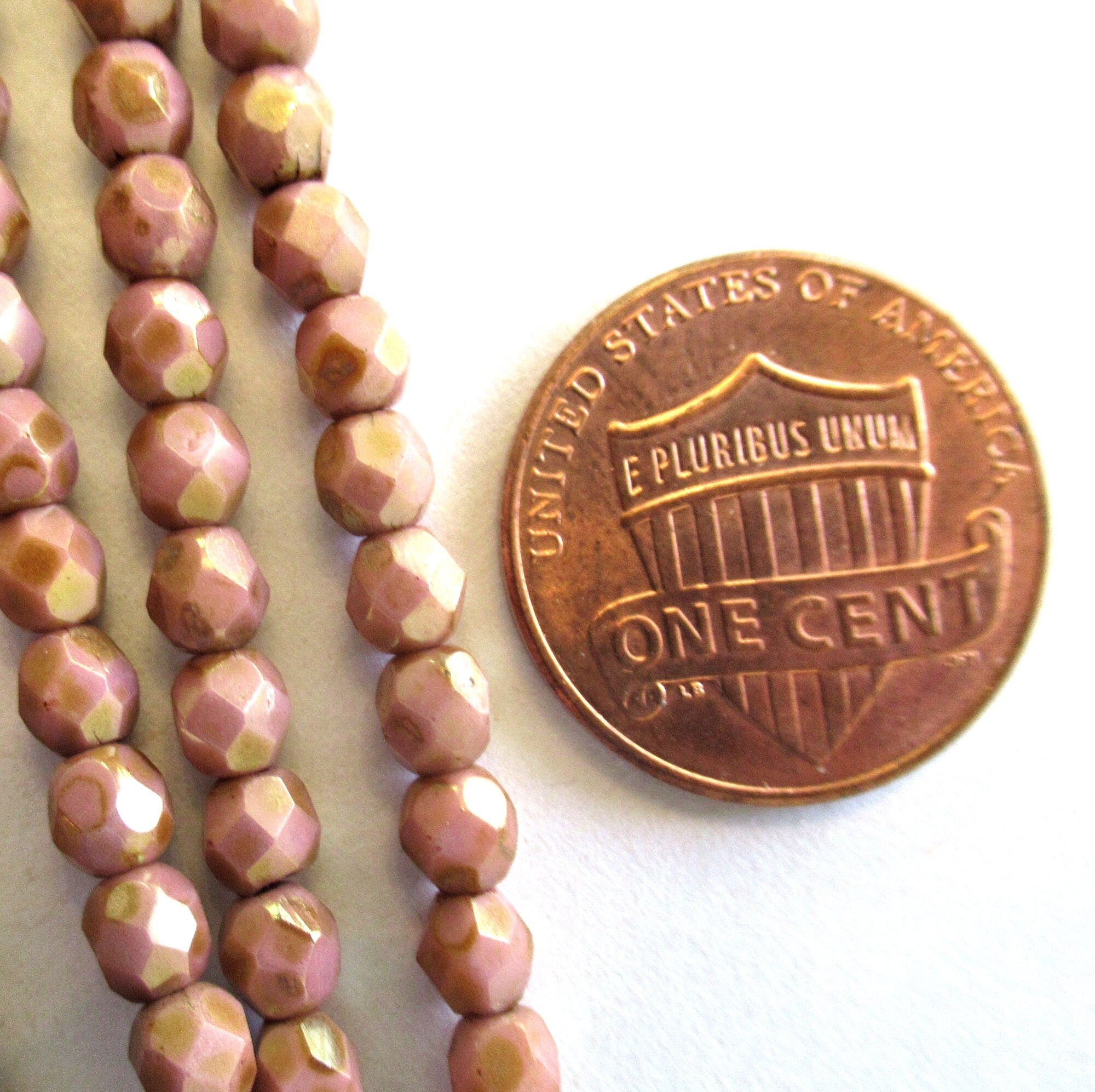 50 4mm Czech glass beads - Luster Opaque Rose/Gold Topaz pink fire polished faceted round glass beads C0016