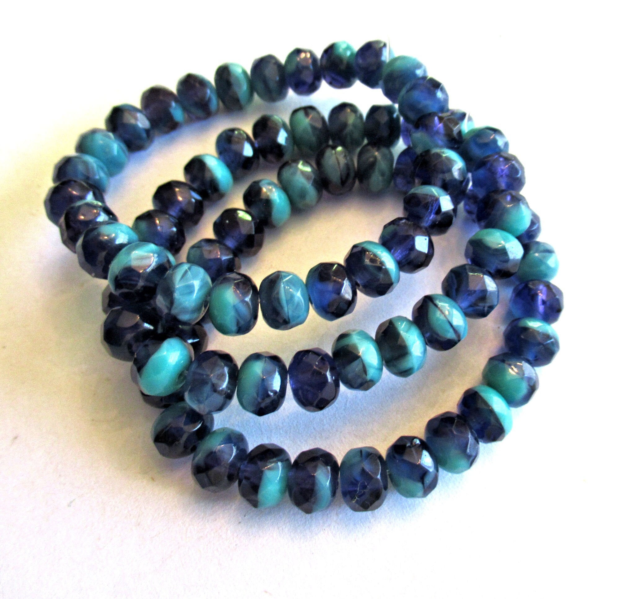 25 Czech glass puffy rondelle beads - 5 x 7mm transparent cobalt blue & opaque turquoise color mix faceted fire polished rondelles 00051