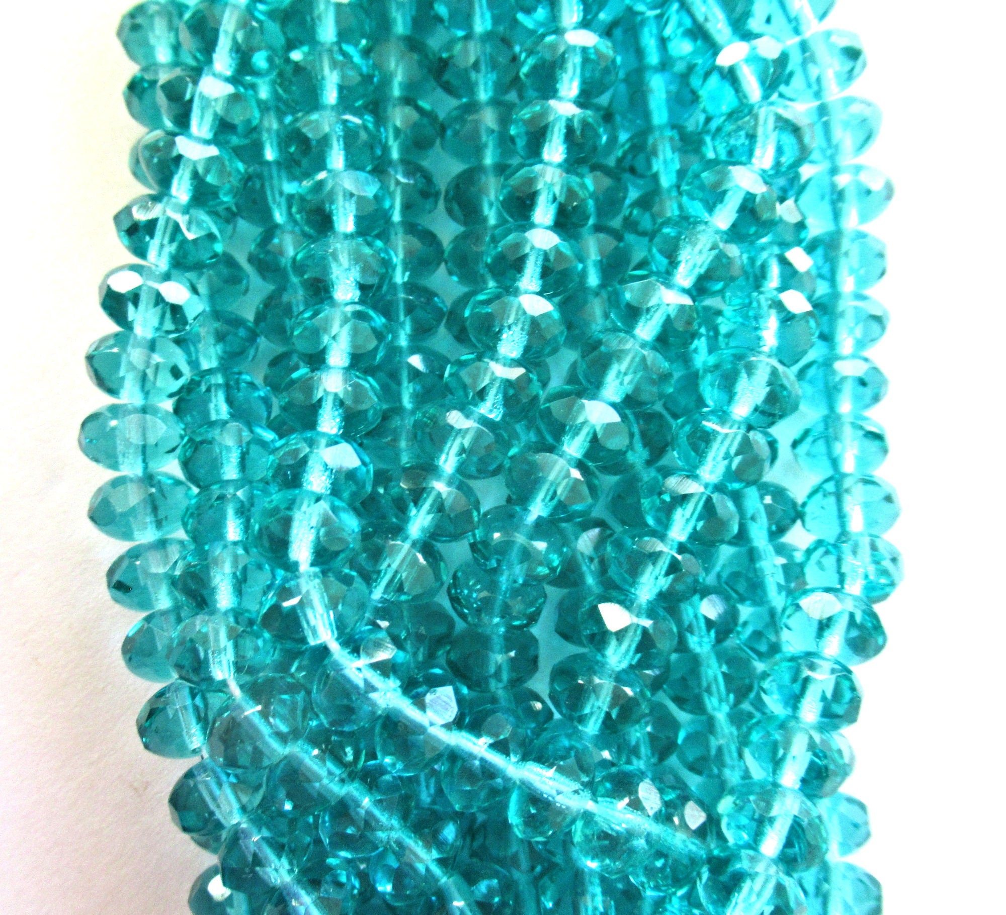 25 faceted Czech glass puffy rondelle or donut beads - 5 x 7mm transparent light teal blue green beads - C0035