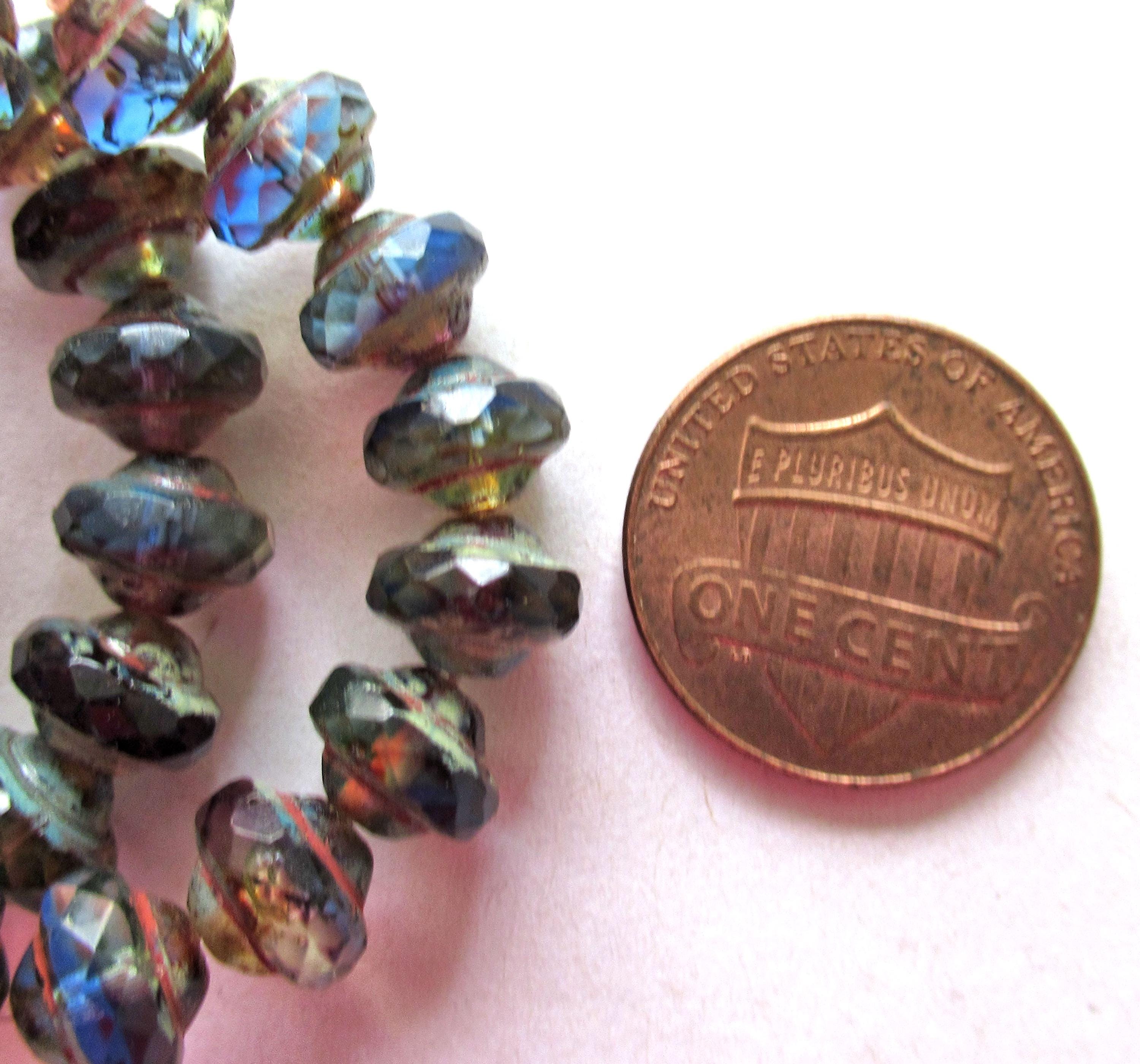 15 Czech glass mini saturn / saucer beads - 6 x 8mm blue & purple / amethyst color mix with picasso accents C5302