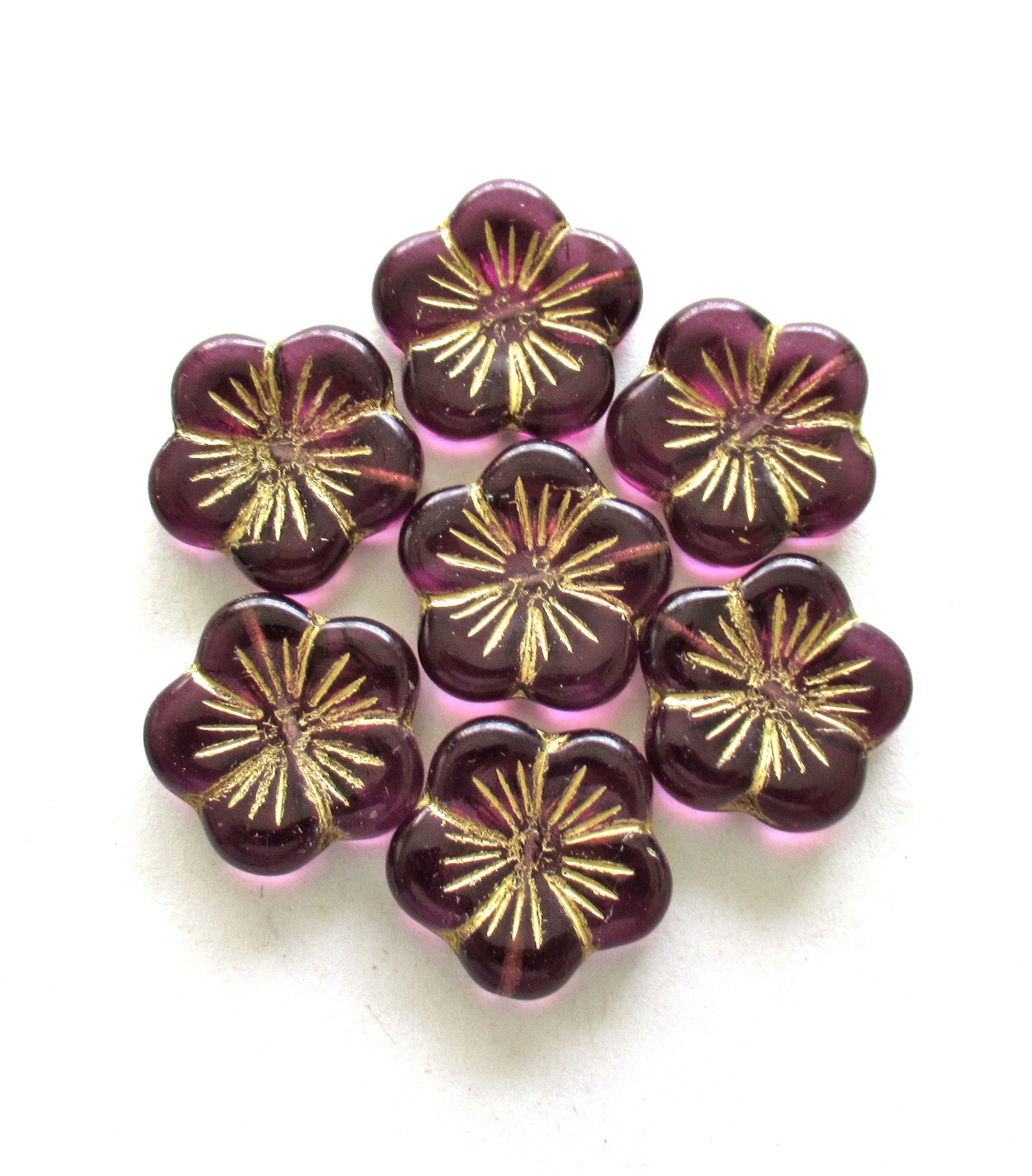 Four large Czech glass flower beads - amethyst or purple pansy beads with gold accents - beads - focal or statement beads - 20mm - 00521