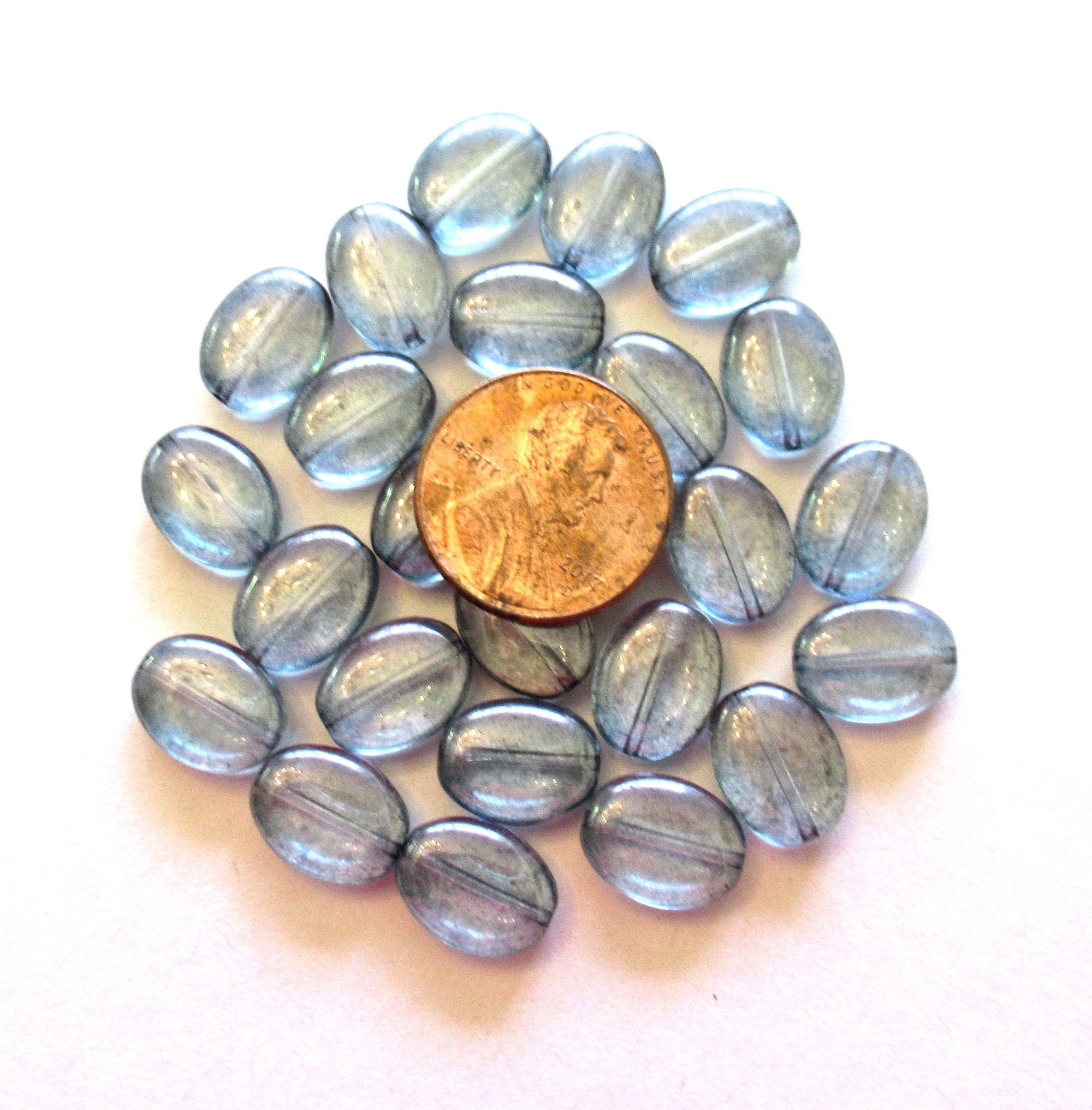 25 Czech Glass flat oval beads - lumi blue 12mm x 9mm pressed glass beads C0095