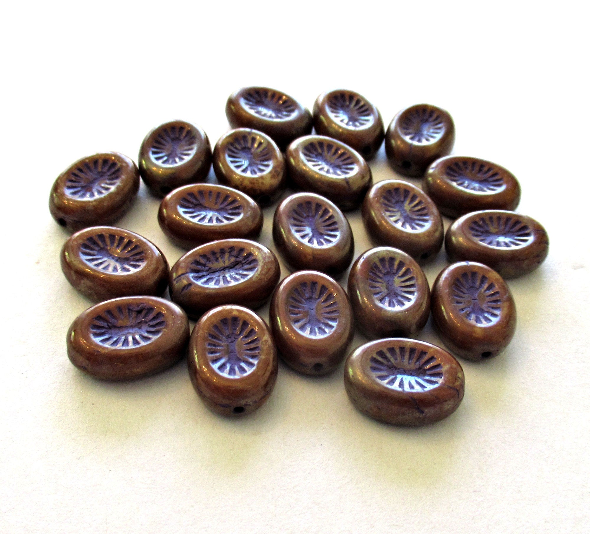 Ten 14 x 11mm Czech glass oval kiwi beads - opaque brown with a purple wash - pressed glass rustic beads - C00011