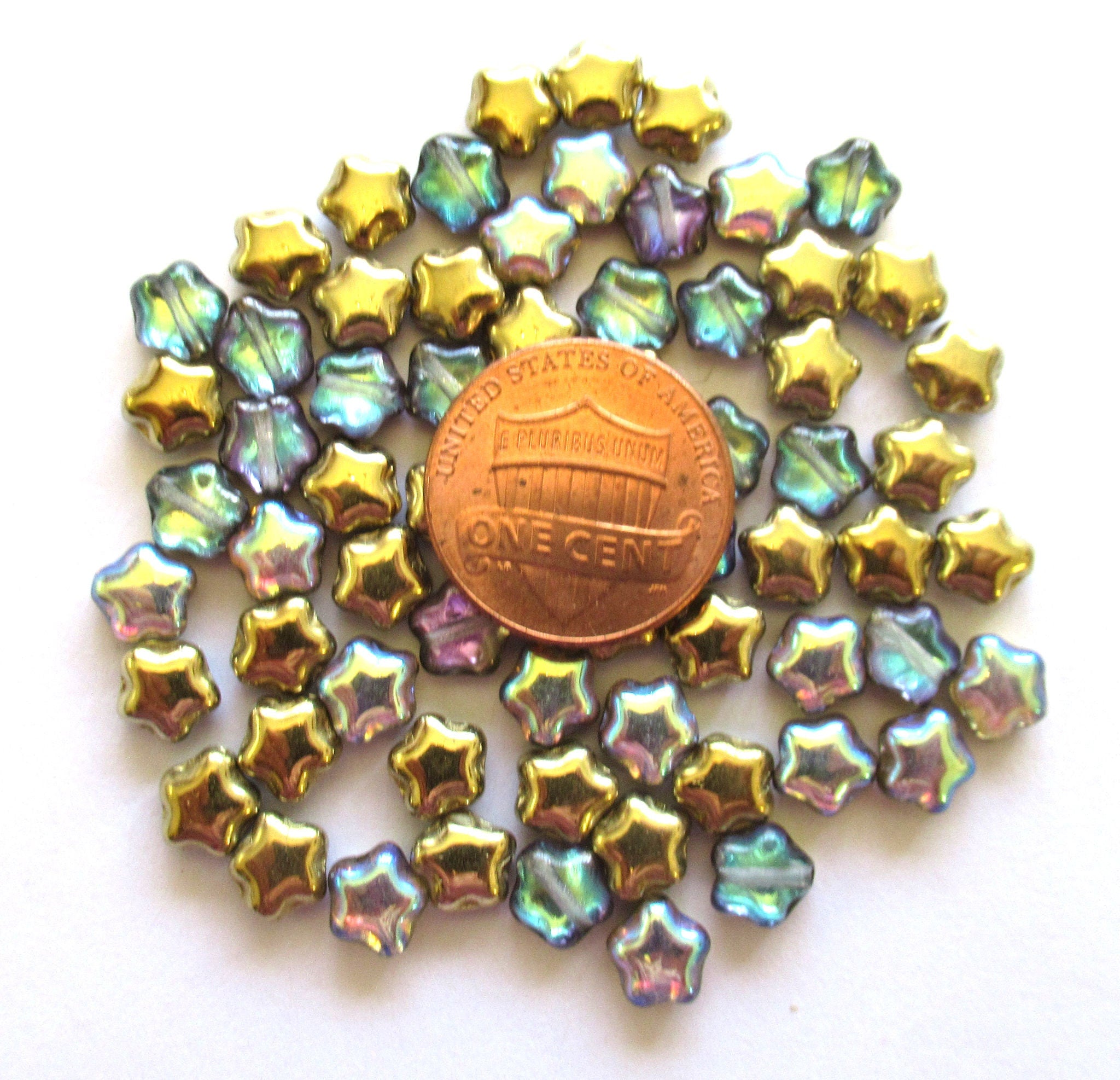 Forty 6mm small Czech glass star beads - Metallic golden rainbow, blue pink and gold pressed glass beads - C0039