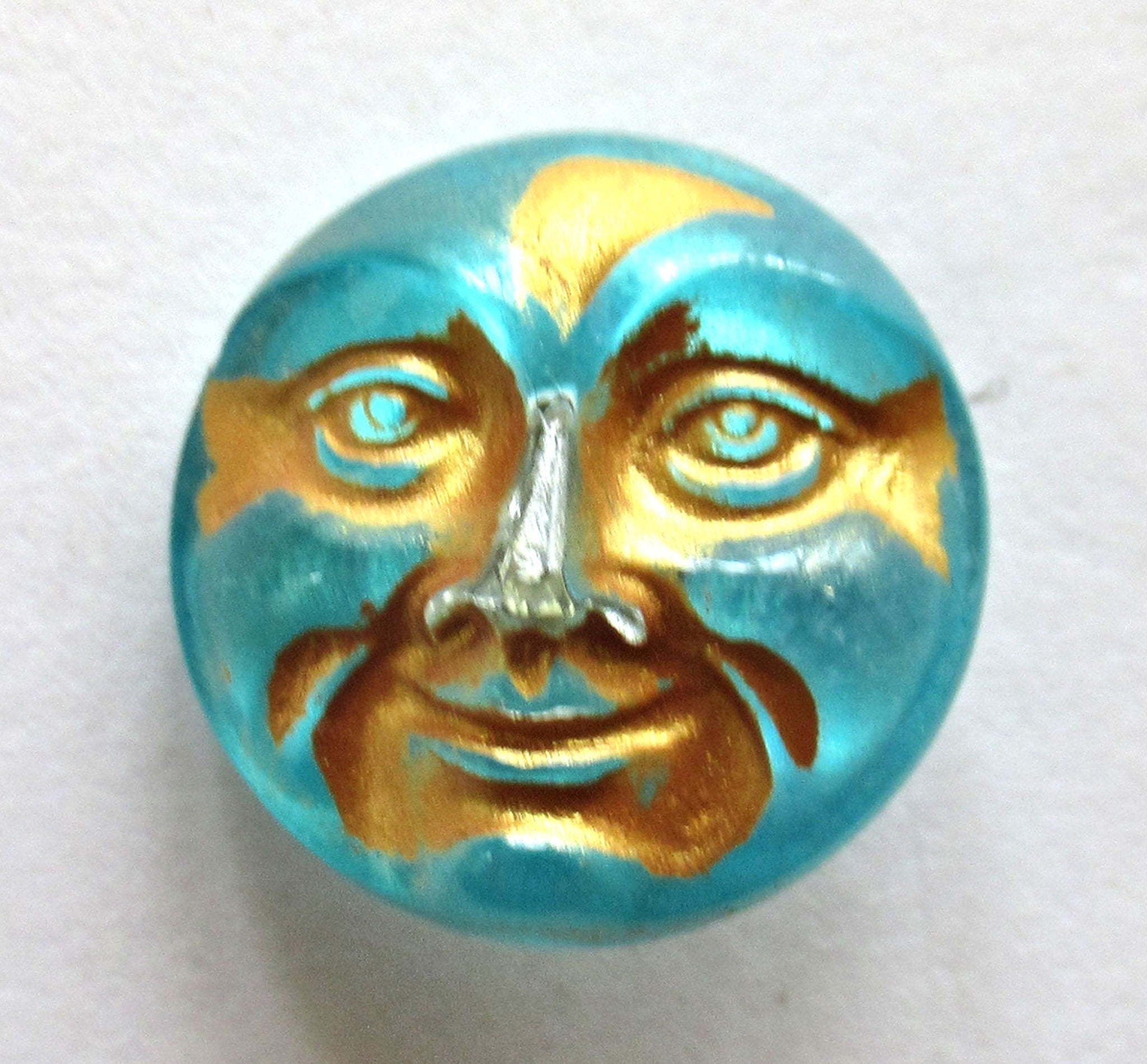 One 18mm Czech glass button - aqua blue with gold moon face button - decorative shank buttons 00051