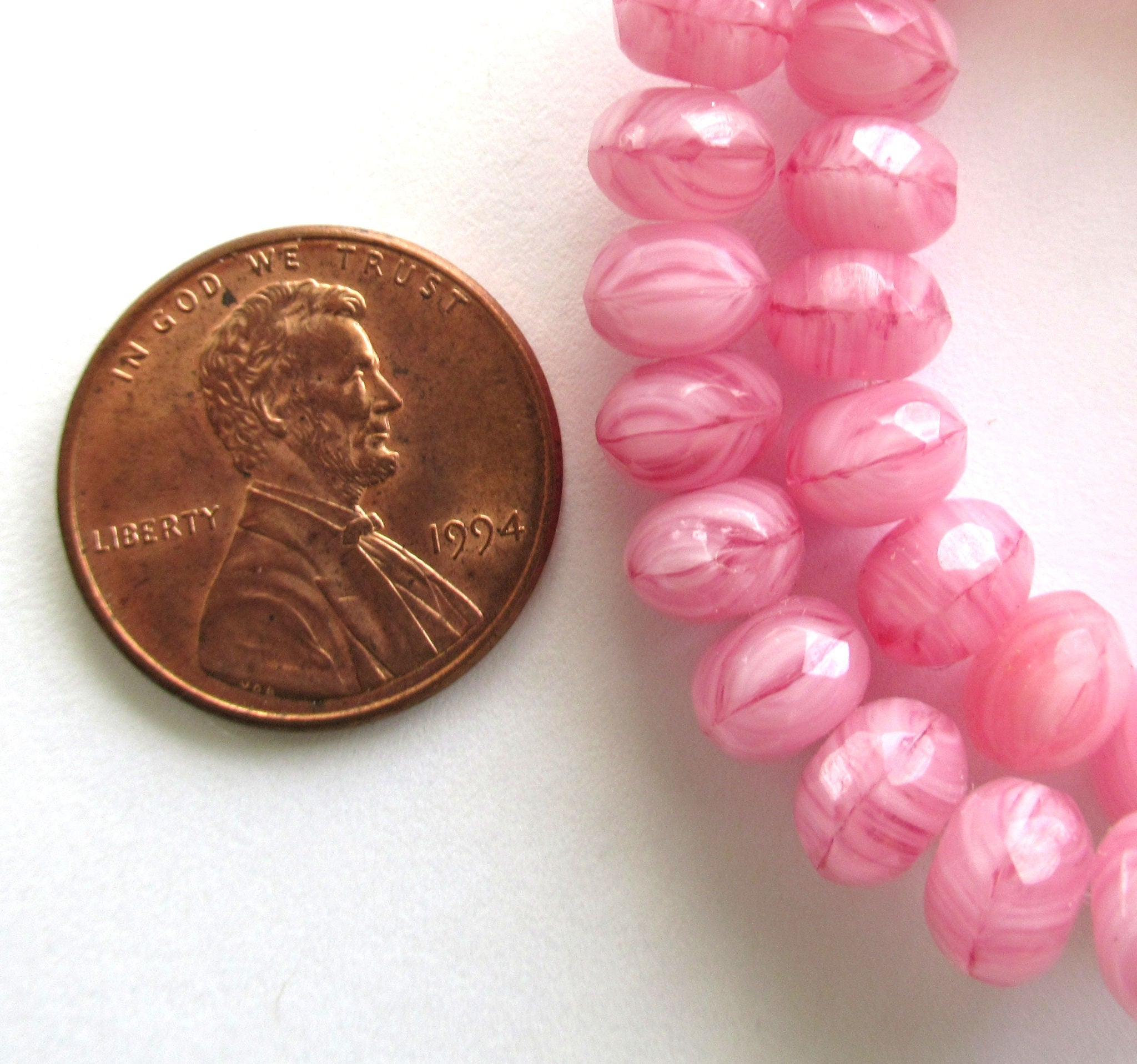 Lot of 25 Czech glass faceted puffy rondelle beads - 5 x 7mm pink & white marbled mix rondelles C00612