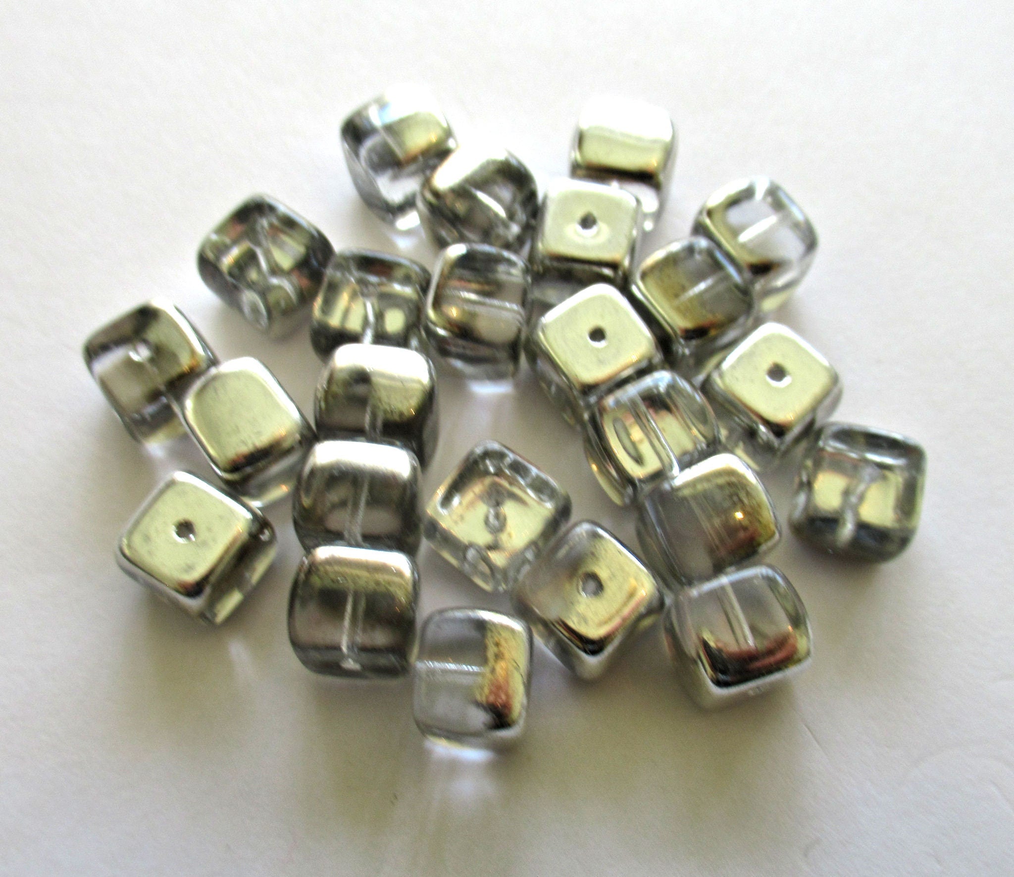 Twenty Czech glass cube beads - 8mm x 11mm crystal silver mix - half silver large cubes - C0099