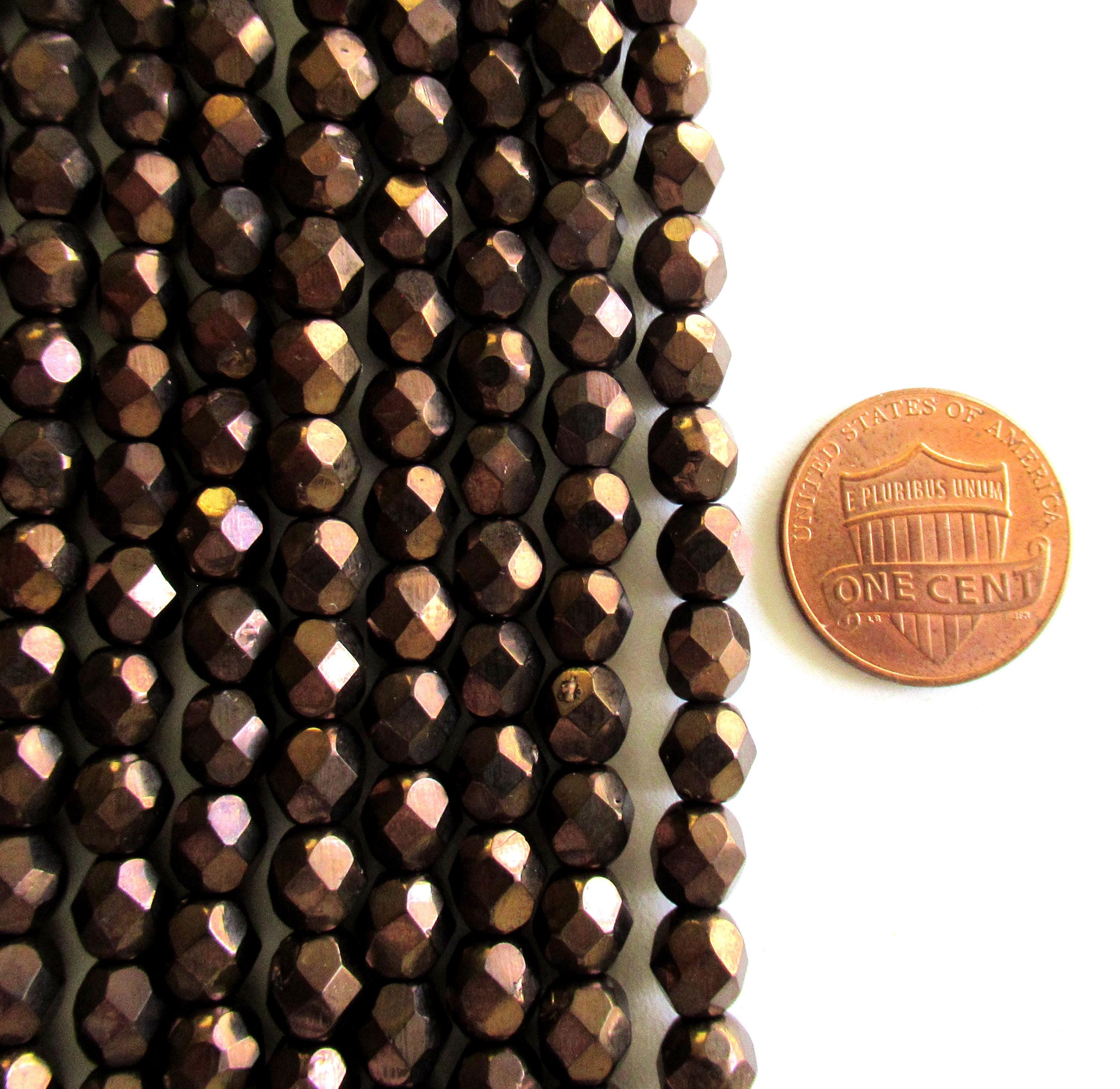 25 6mm Czech glass beads - dark bronze - metallic brown beads - fire polished faceted round beads - C0027