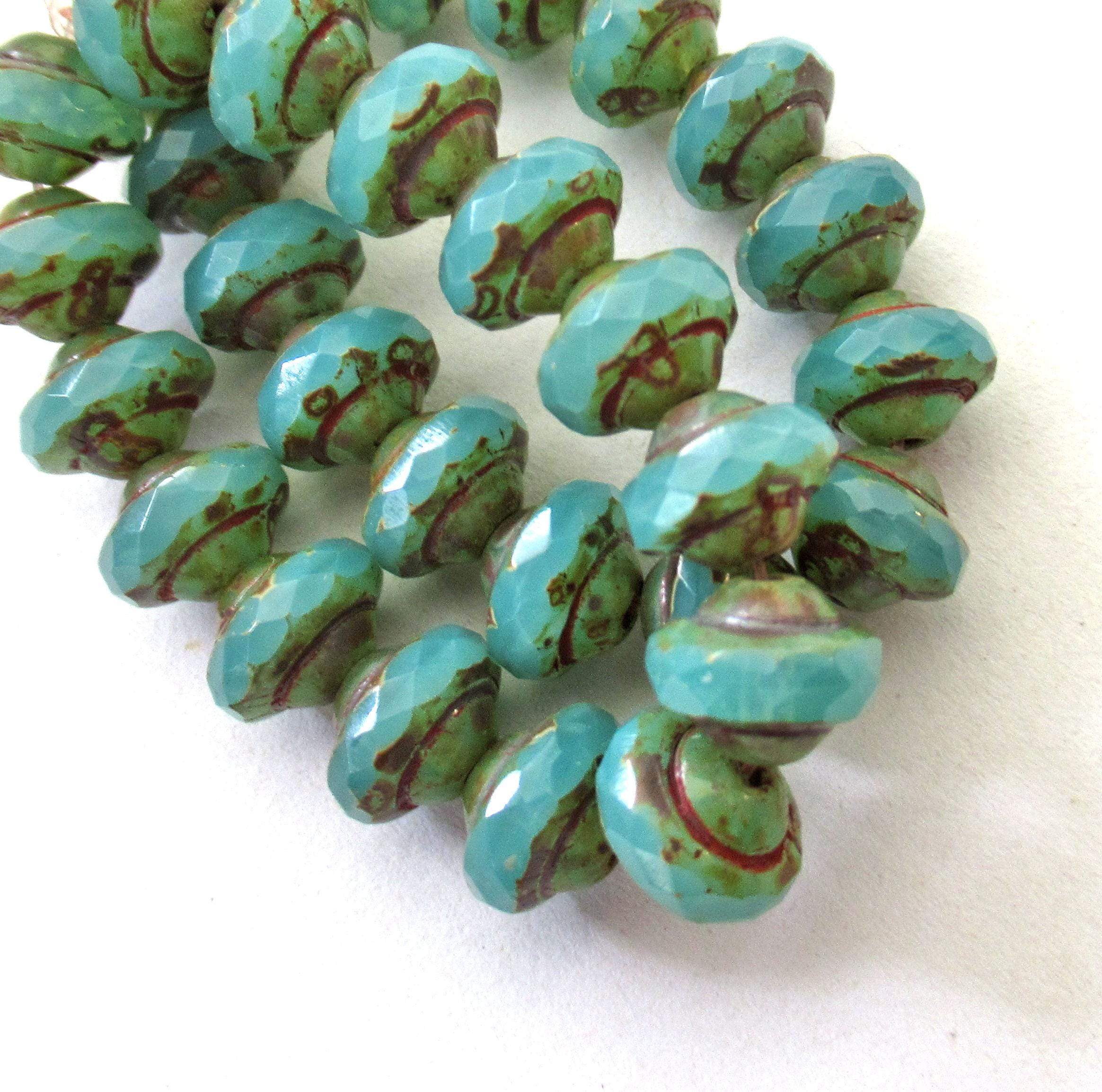 Fifteen Czech glass mini saturn beads - 6 x 8mm translucent seafoam blue green picasso beads - faceted fire polished saucer beads - C00522