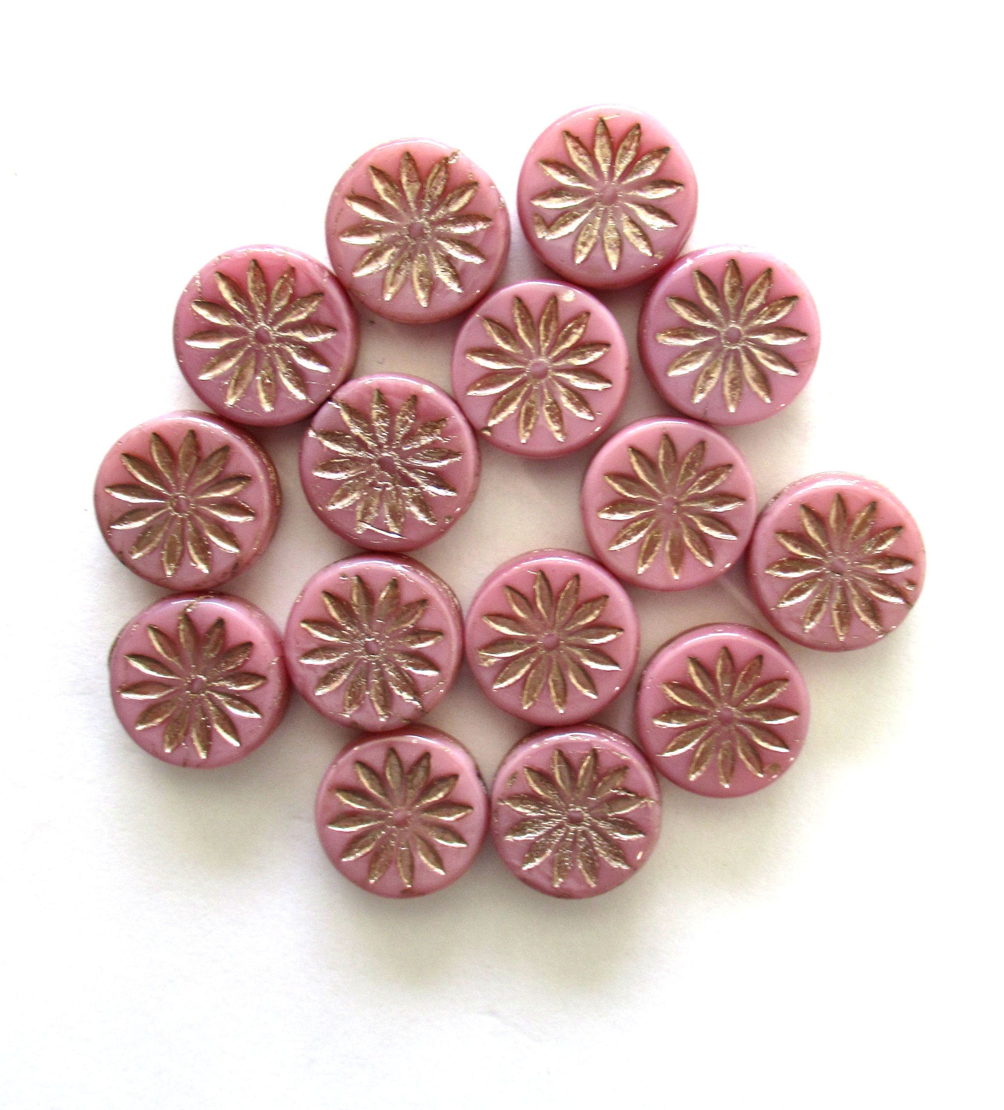 6 Czech glass coin beads - 12mm opaque pink Aster flower disc beads with silver accents - thick flat round beads - 00911