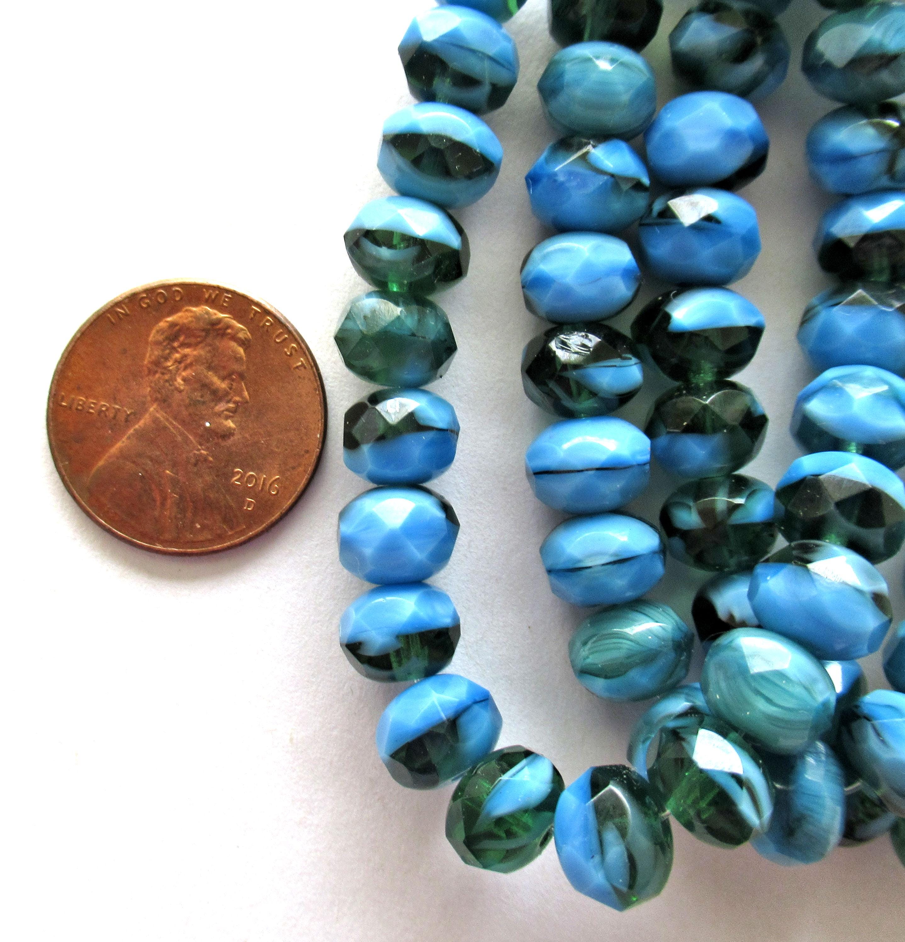 Czech glass puffy rondelle beads - 6 x 9mm - marbled opaque blue & transparent green - faceted fire polished beads - 25 pcs - C00662