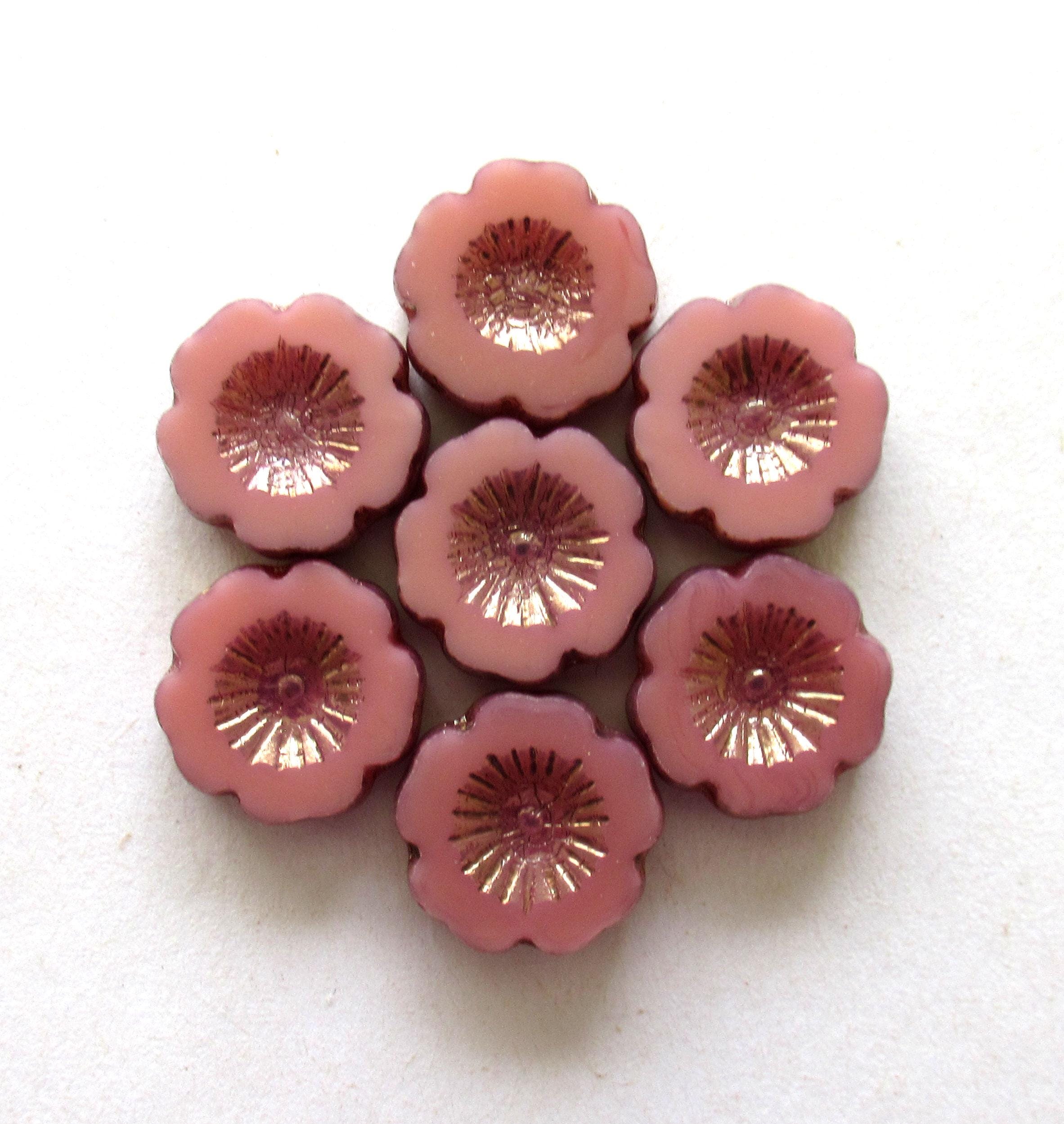 Six Czech glass flower beads - 14mm - opaque pink opal with bronze accents - table cut carved - Hawaiian hibiscus flower beads - C00851