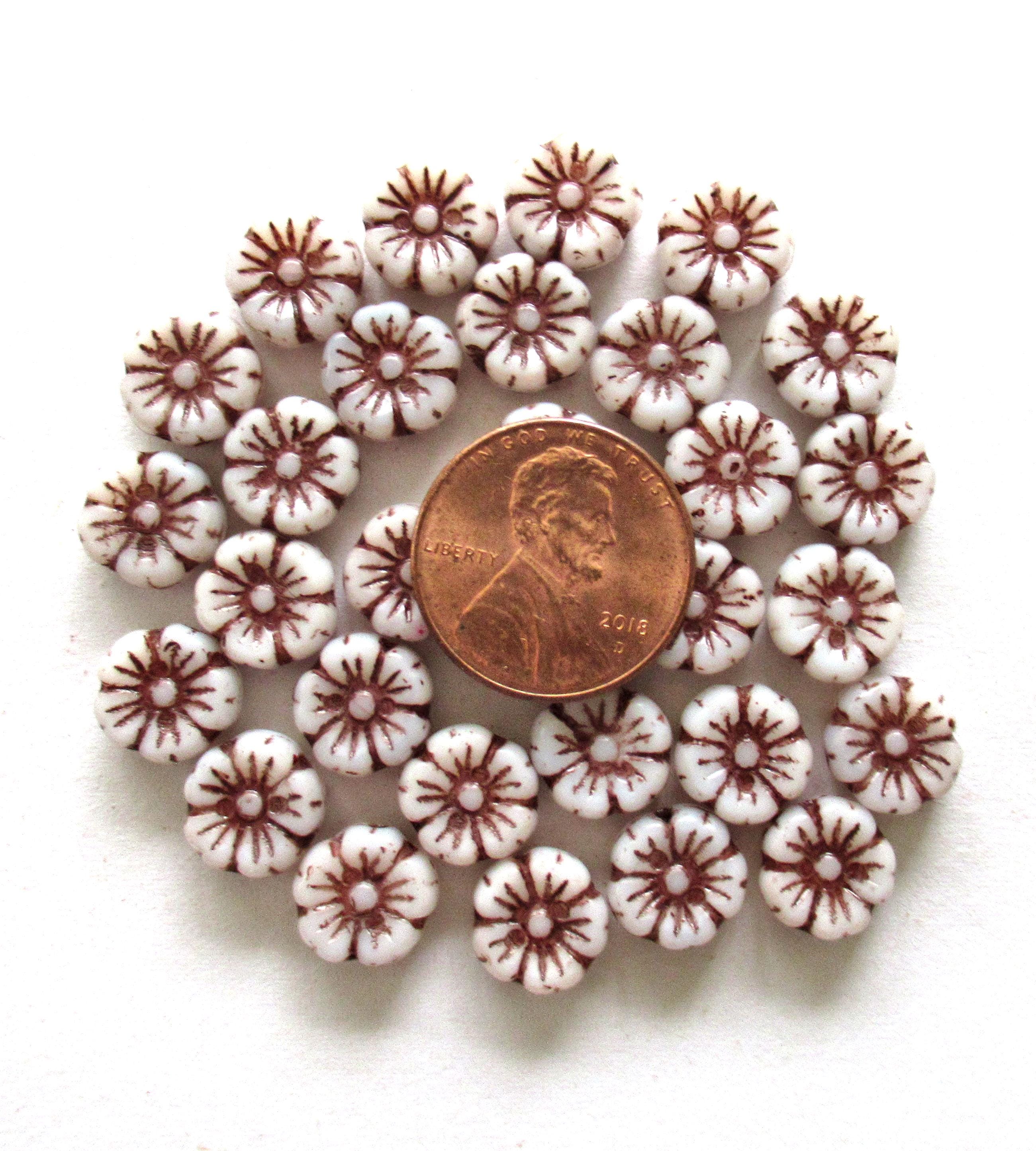 Fifteen Czech glass flower beads - 10mm - opaque white beads with a brown wash - Hawaiian hibiscus flower beads C00121