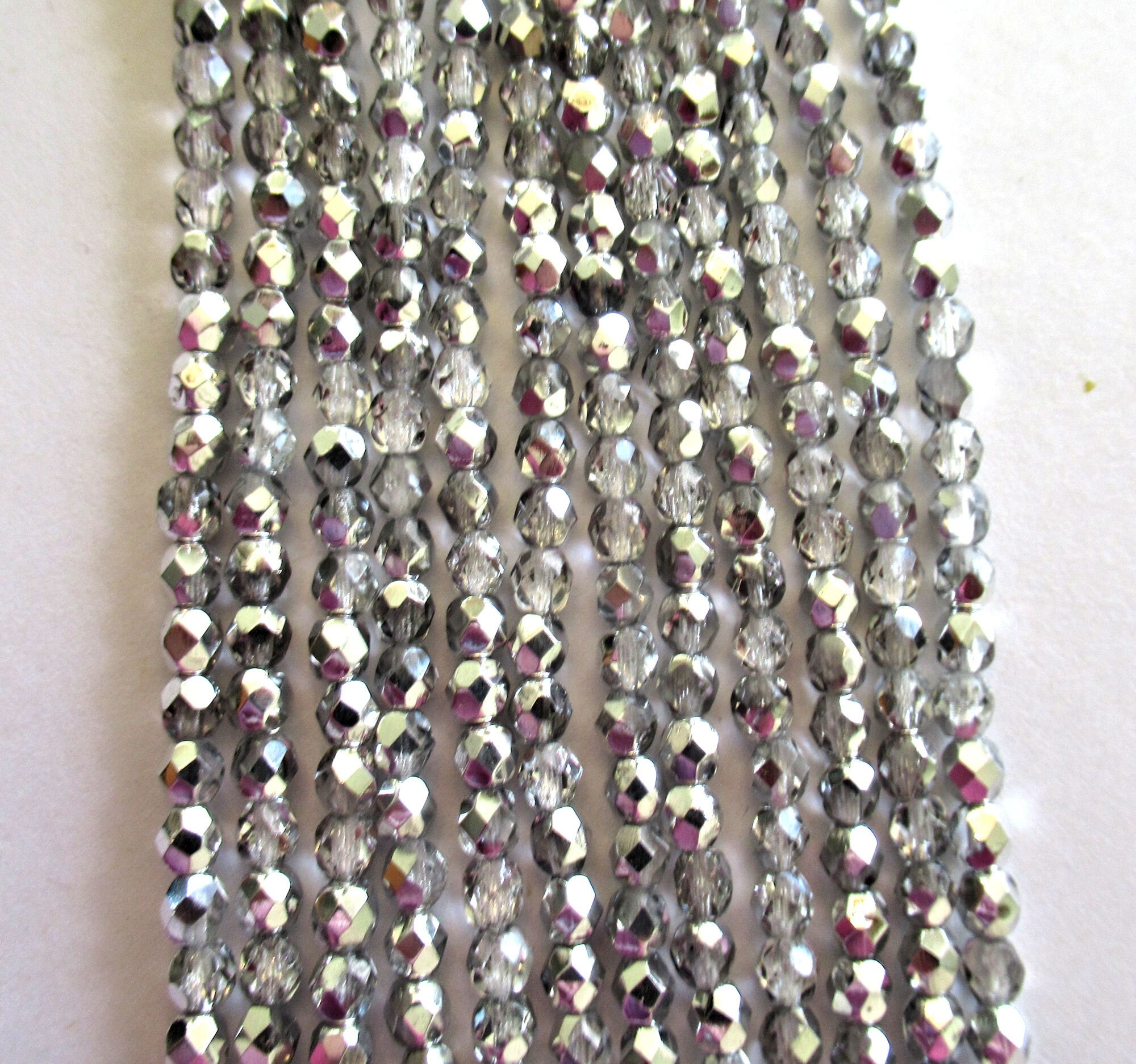 Fifty 4mm half silver Czech glass beads - silver & crystal fire polished, faceted round beads C0046