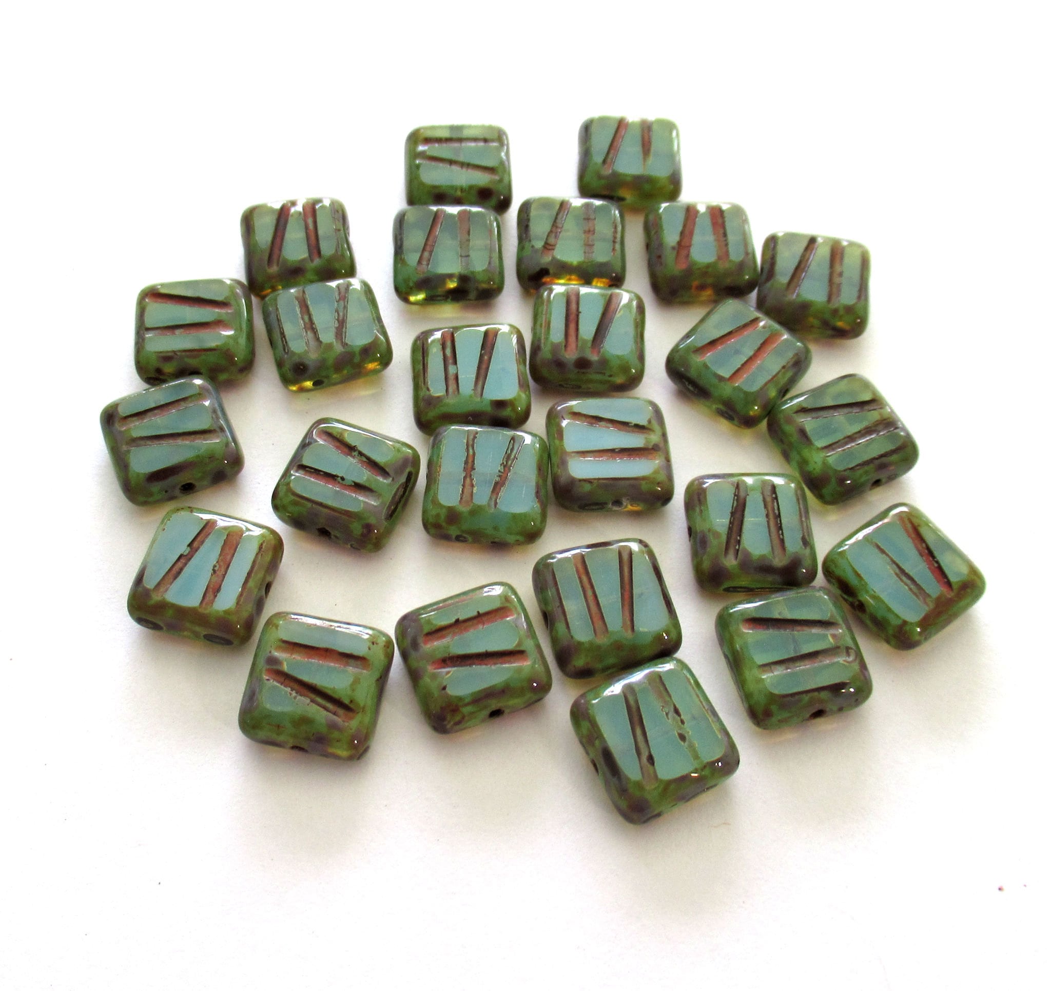 Ten Czech glass square beads - milky light aqua blue w/ picasso accents - 10mm carved, table cut striped zebra beads - C0049