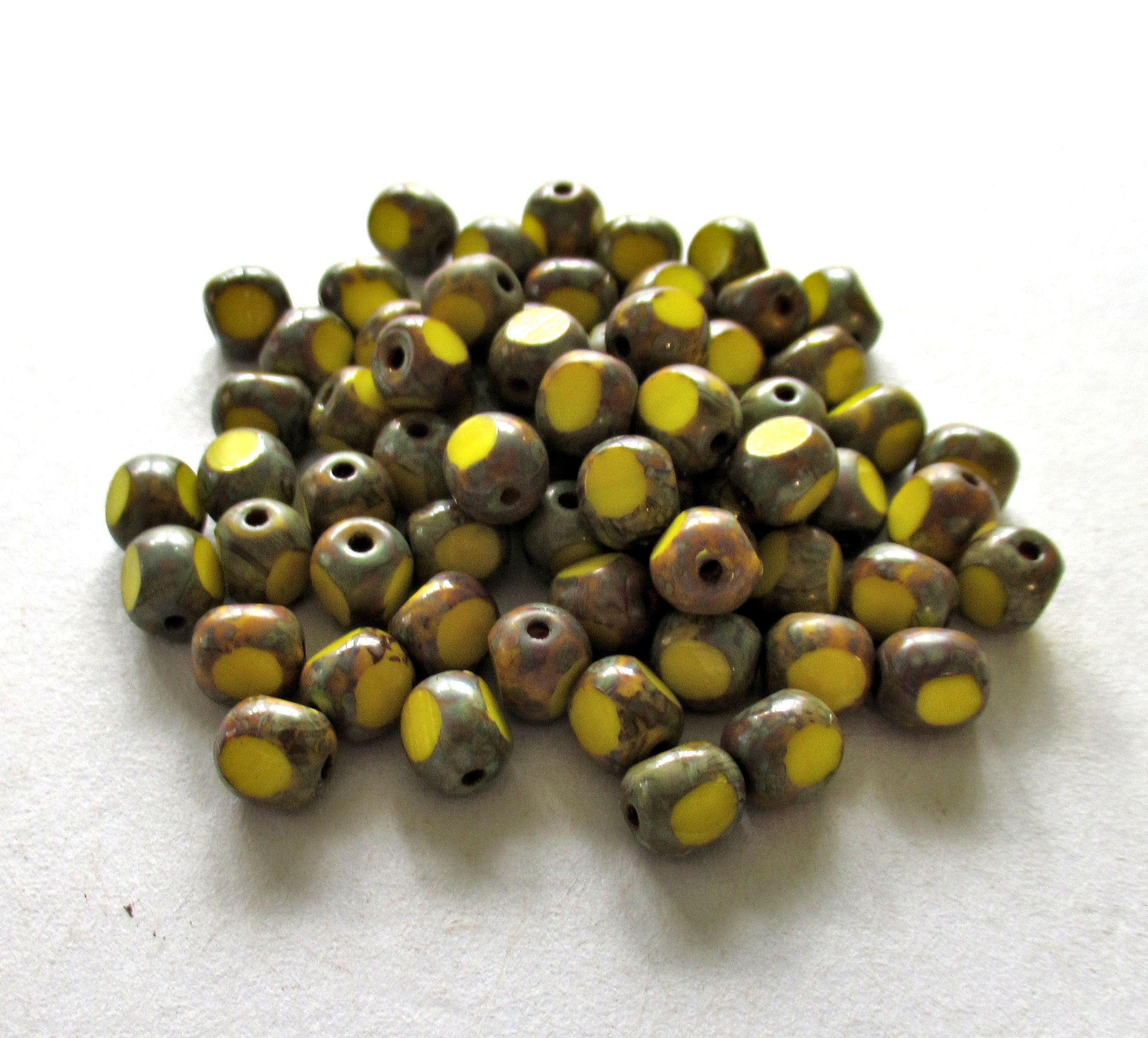 Lot of 25 Czech glass Tri-cut - Round beads - 6mm - opaque yellow picasso - faceted table cut rustic earthy window beads C0057