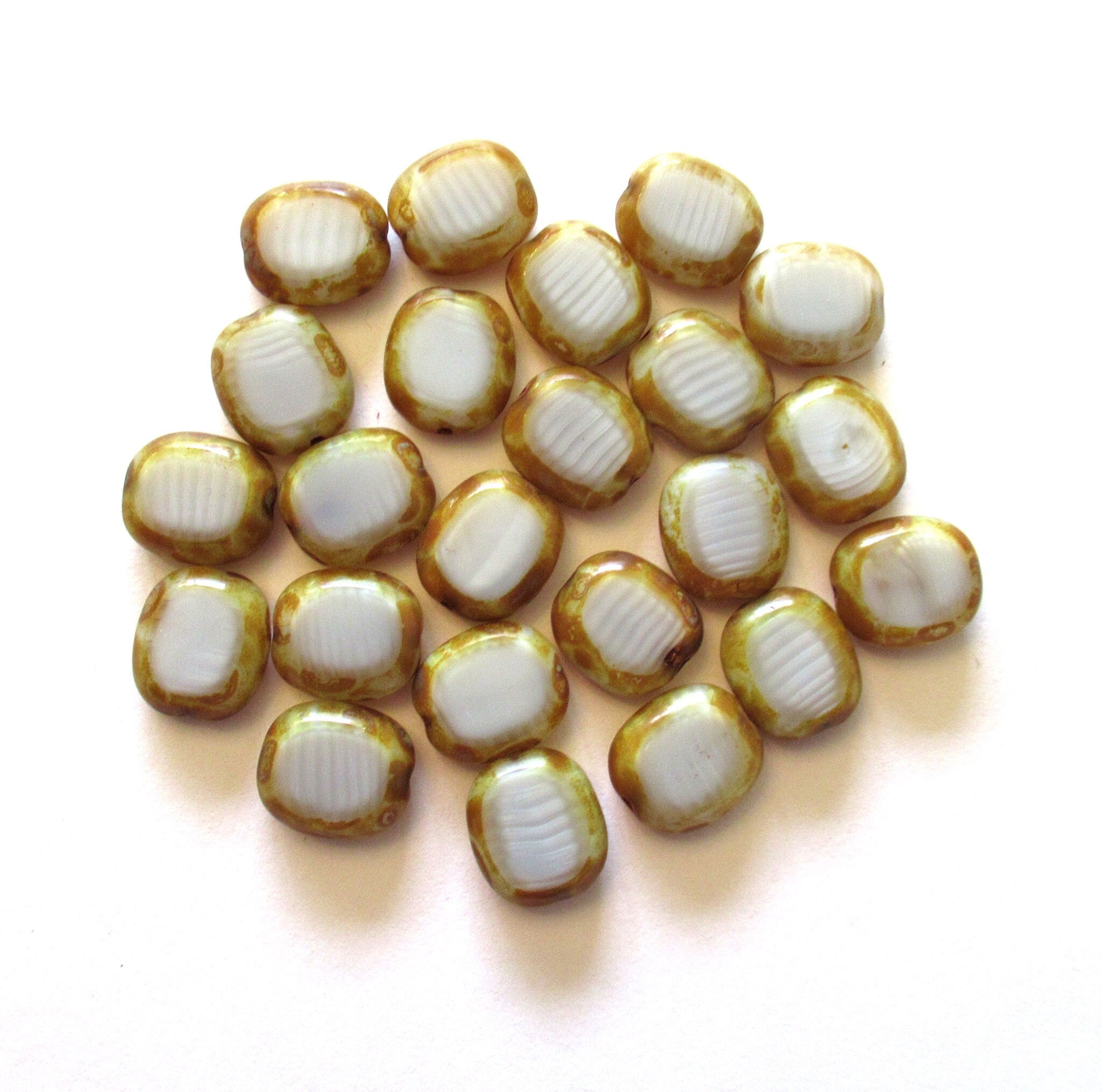 Six Czech glass oval beads - 14 x 12mm marbled slightly gray white with picasso table cut window beads - 00231