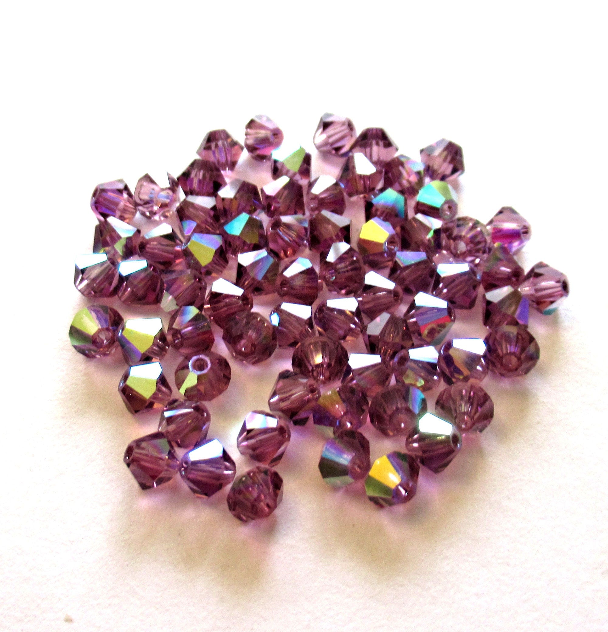 Lot of 24 4mm Amethyst AB Czech Preciosa Crystal bicone beads - faceted glass purple AB bicones C0036