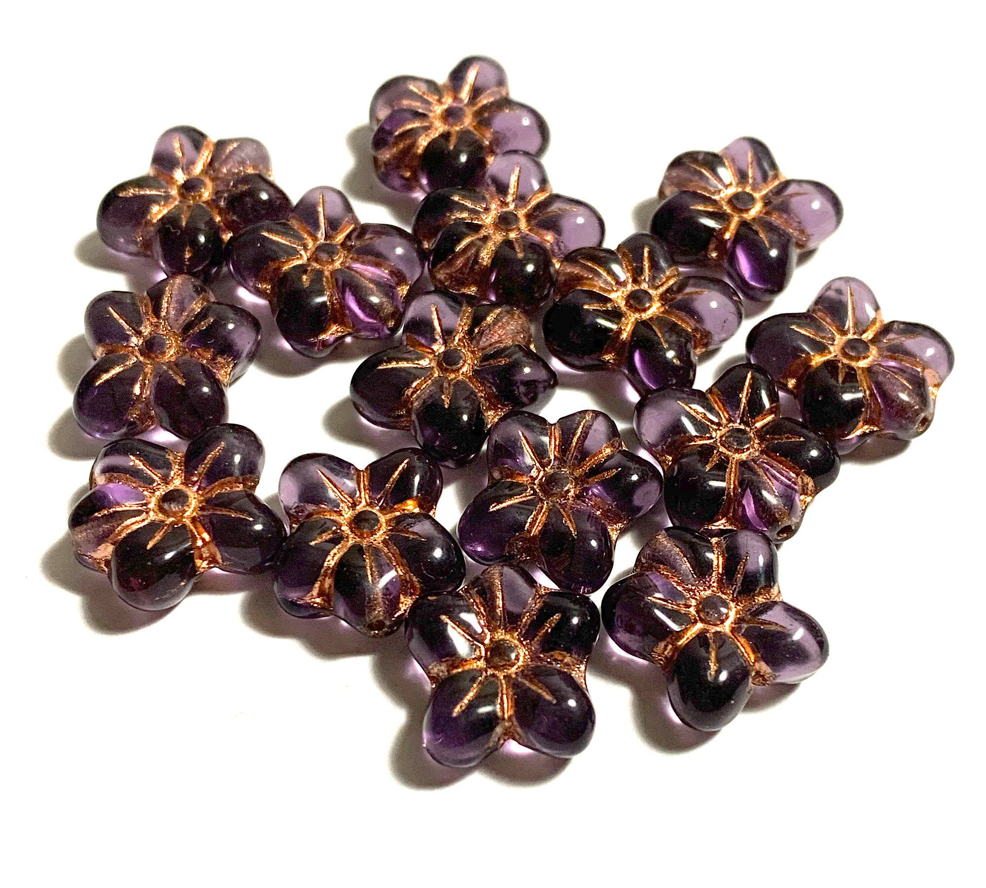 Ten Czech glass flower beads - amethyst purple with copper accents - 14 X 12mm - asymmetrical pressed glass flowers - C0921