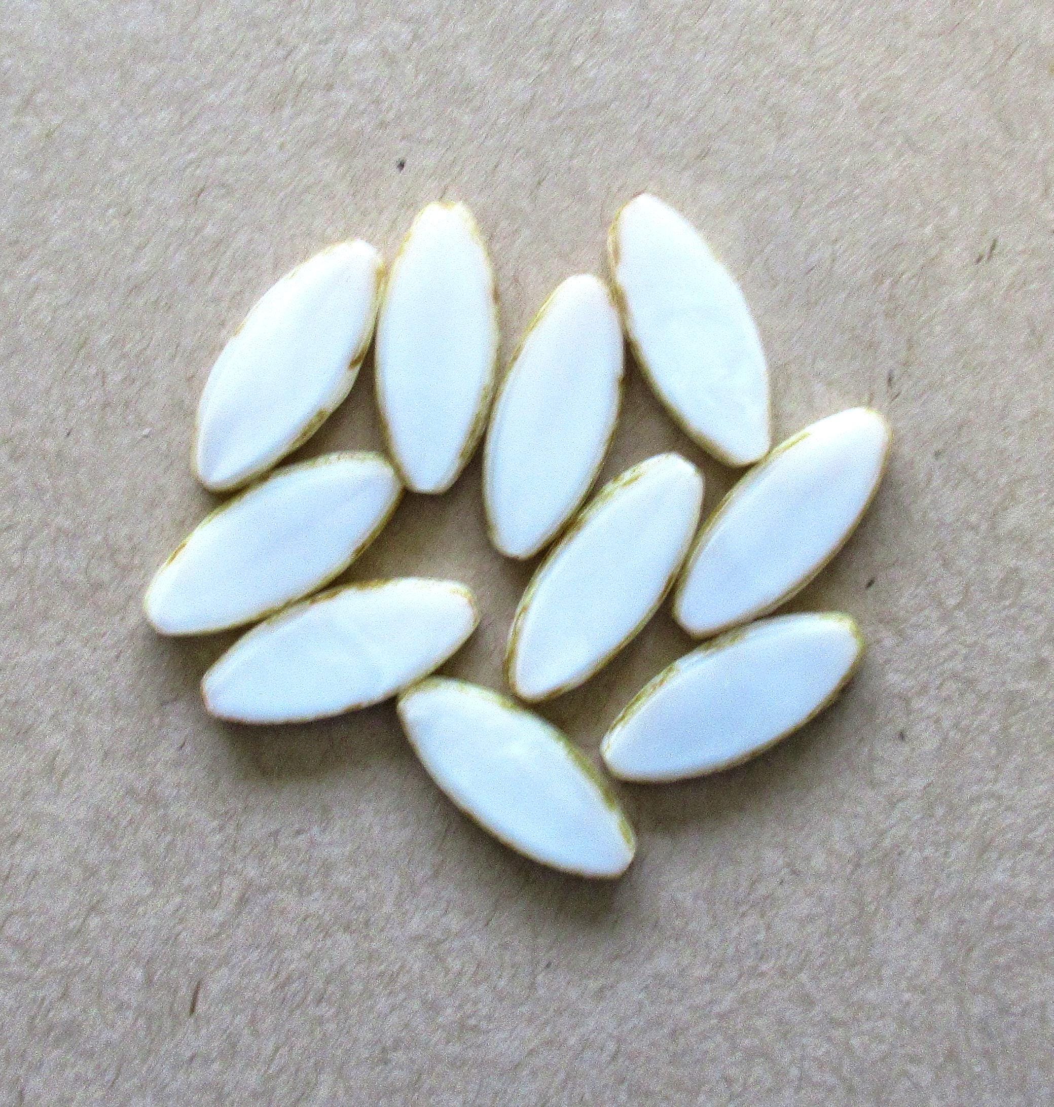 Ten large Czech glass spindle beads - opaque silky white picasso beads - 9 x 20mm - table cut almond shaped oval beads - 00012