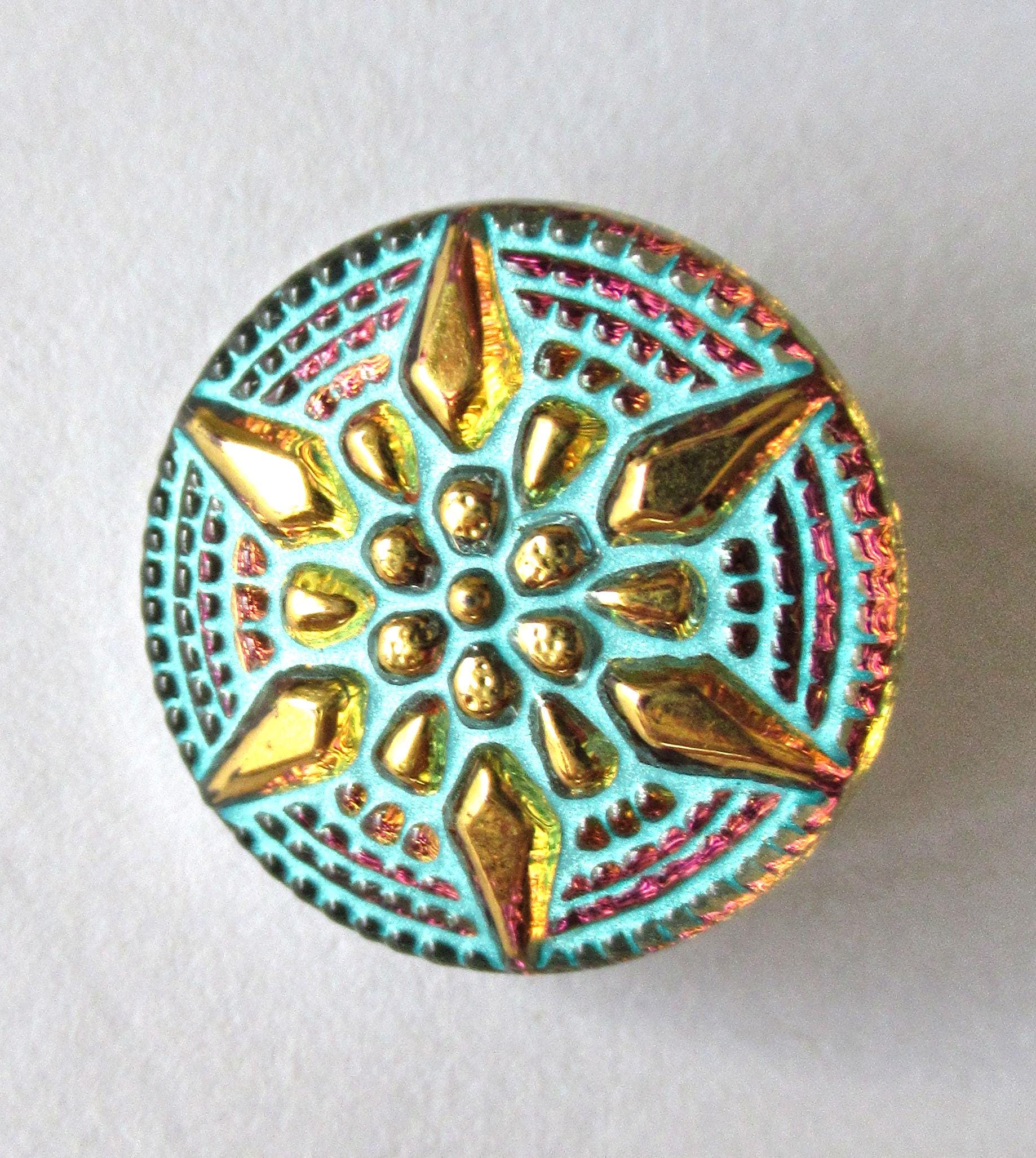 One 18mm Czech glass star button - pink & orange glass with a turquoise wash - verdigris look decorative shank button 00052