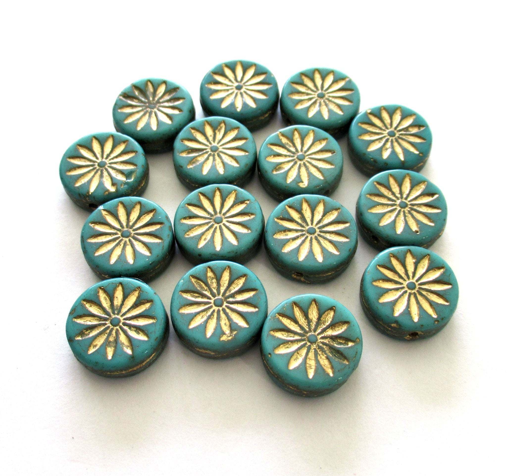 6 Czech glass coin beads - 12mm turquoise green Aster flower disc beads with gold accents - thick flat round beads - 00201