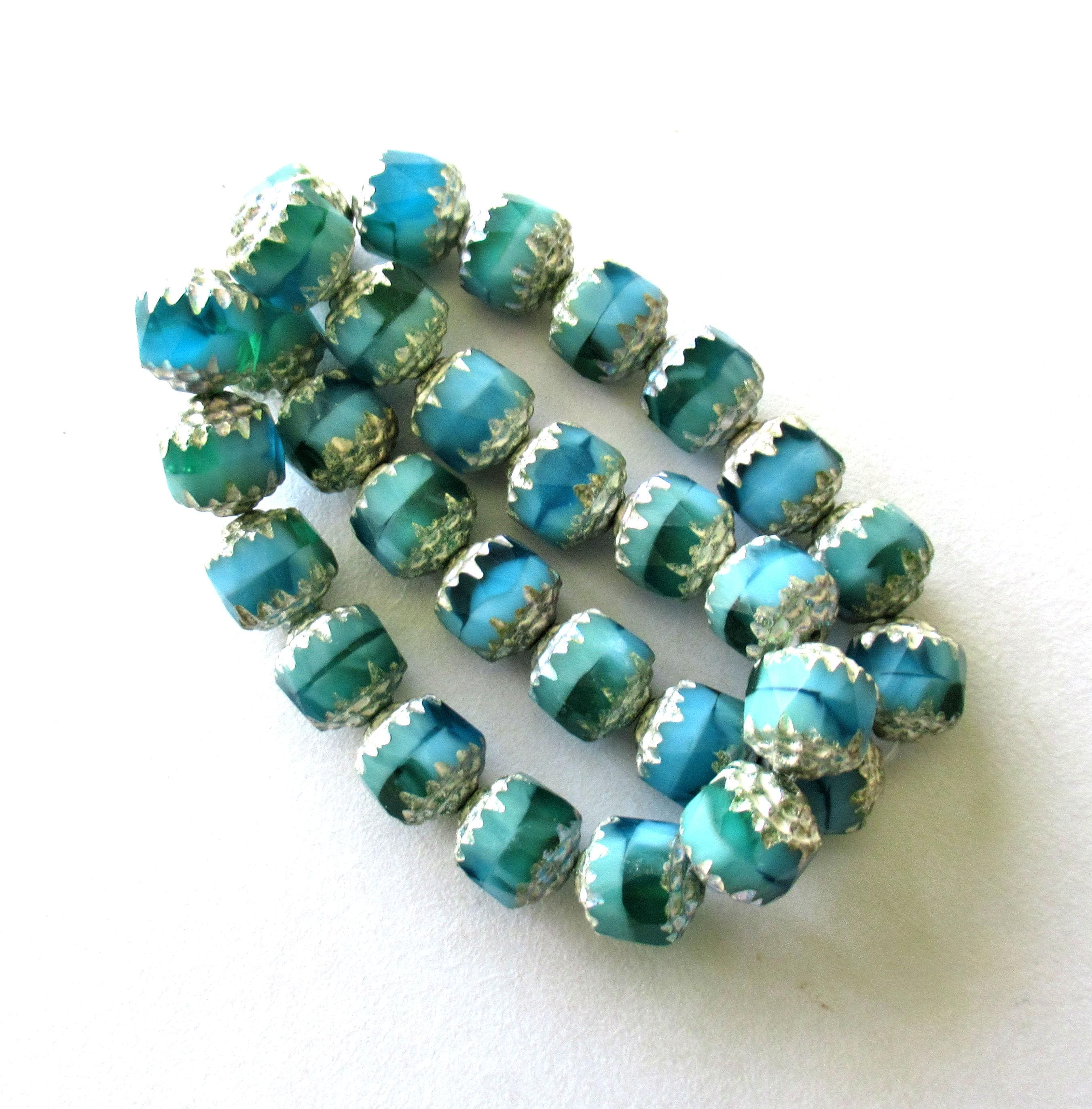 Fifteen 8mm Czech glass cathedral beads - blue & green mix w/ antique silver picasso accents - faceted fire polished antique cut beads 00542