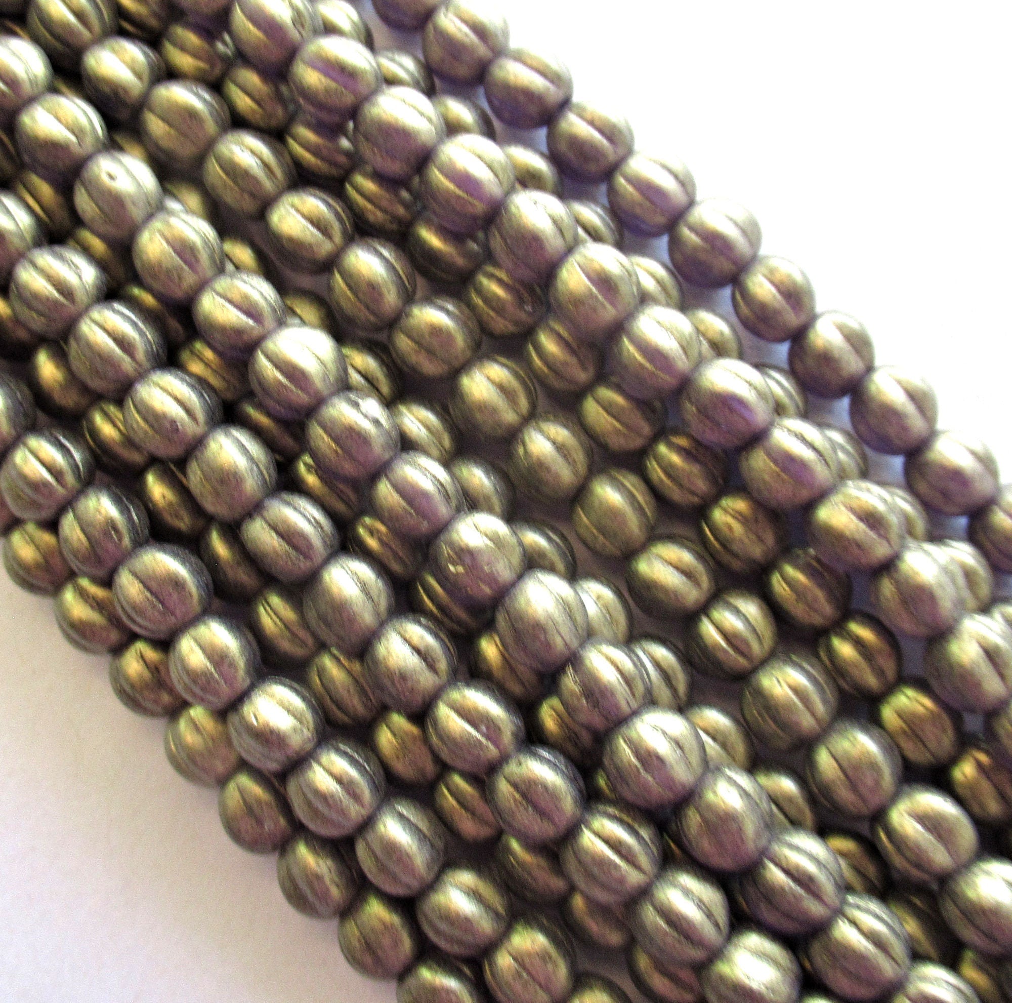 Fifty 5mm Czech glass melon beads - Sueded Gold Tanzanite / purple beads with a matte gold finish - pressed glass beads C0016