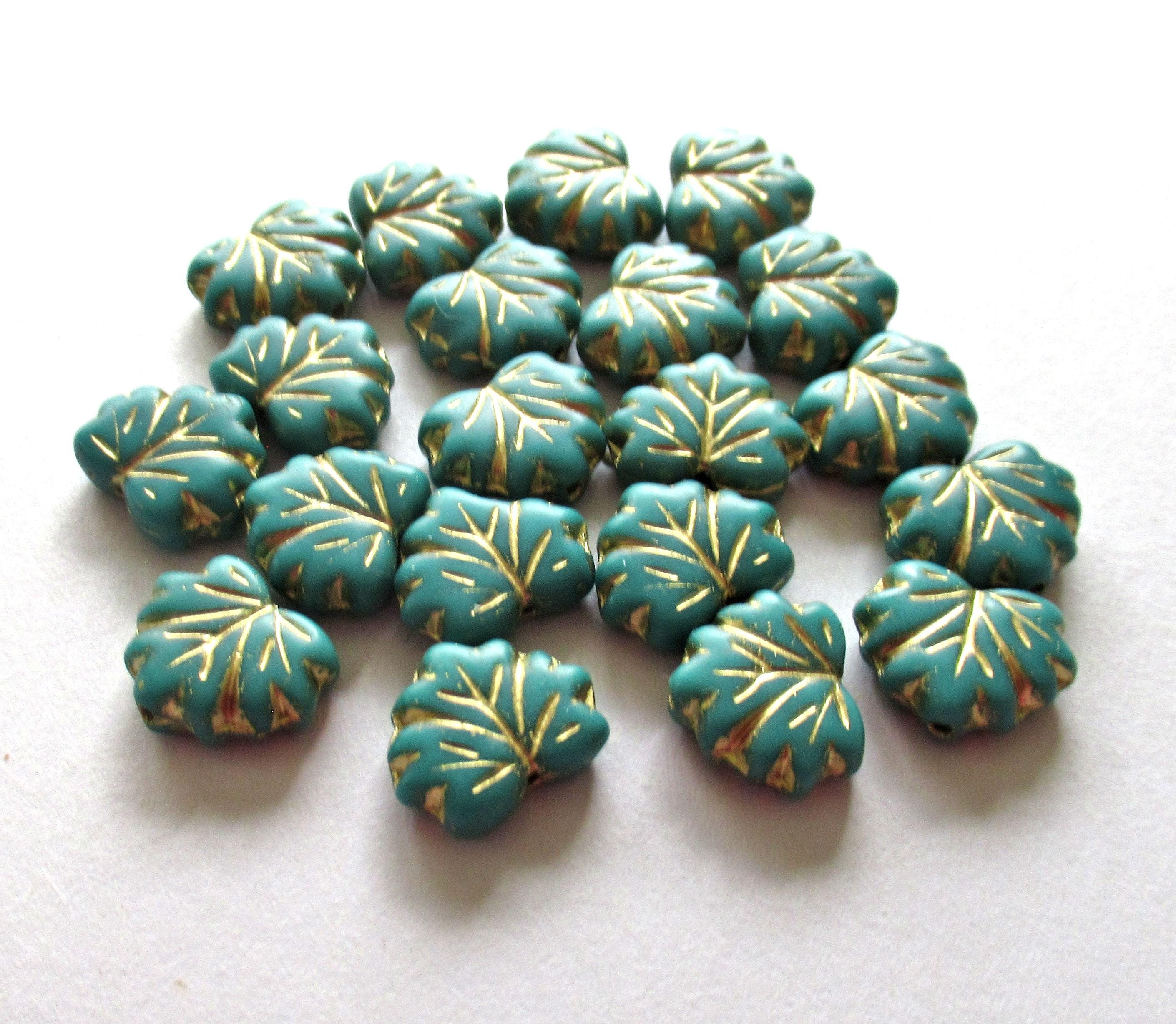 10 Czech glass maple leaf beads - opaque tiffany green leaves with gold accents - center drilled 13 x 11mm leaves C00201