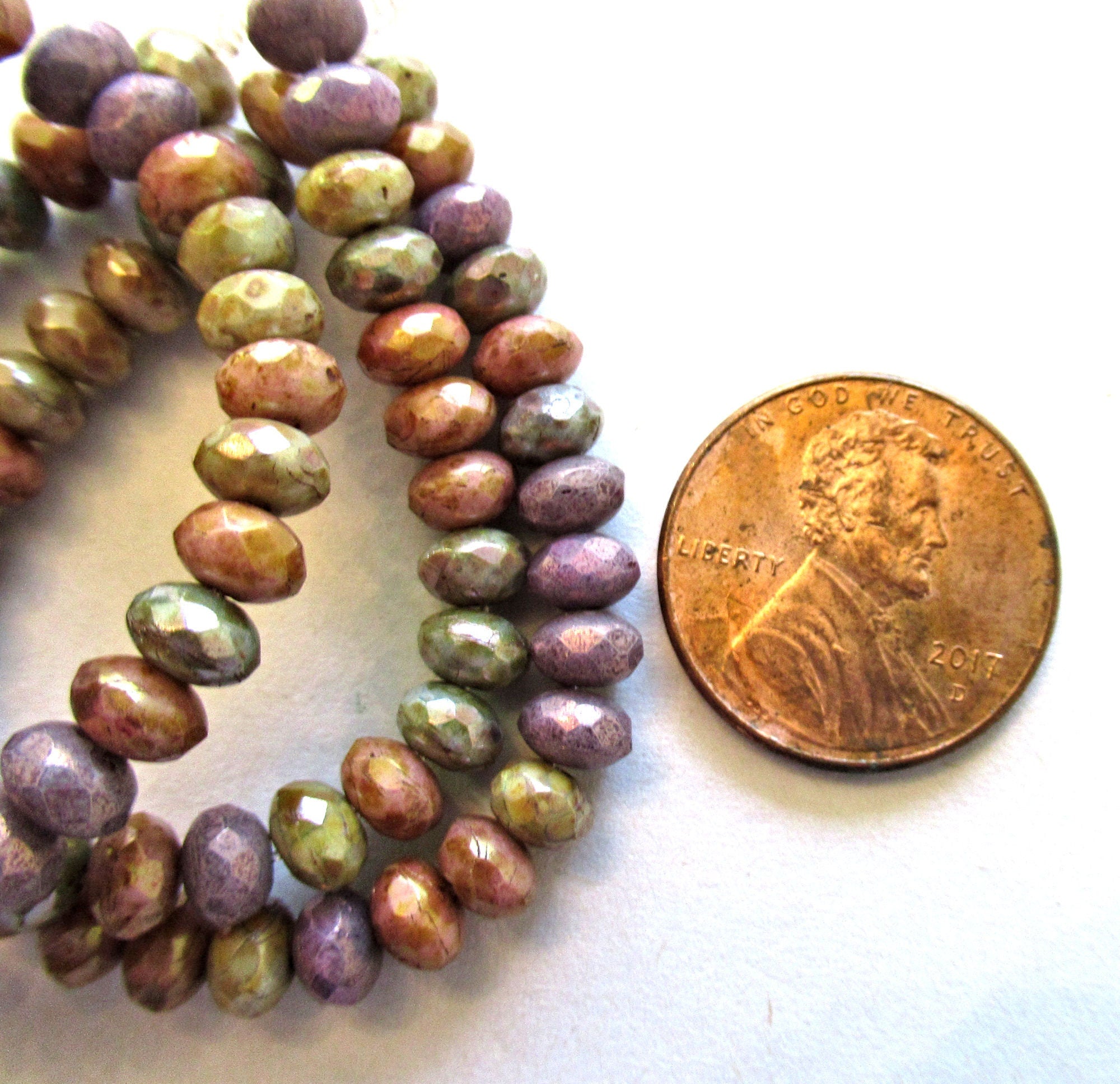 30 small Czech glass faceted puffy rondelles - 3 x 5mm opaque color mix w/ picasso accents - earthy rustic rondelle beads 00041