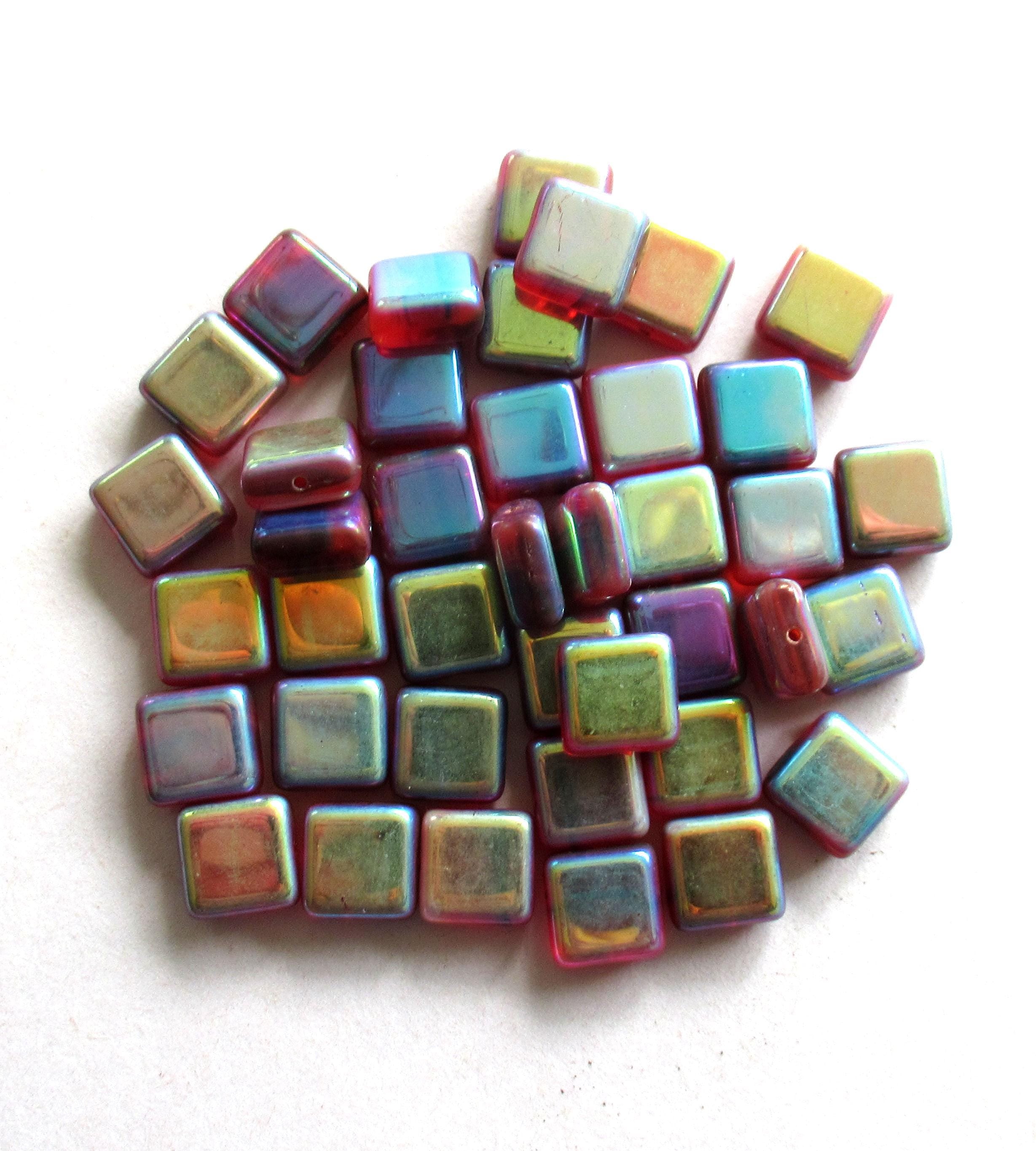 Ten large square Czech glass beads - 11mm - red beads with an iridescent rainbow ab finish - C00711
