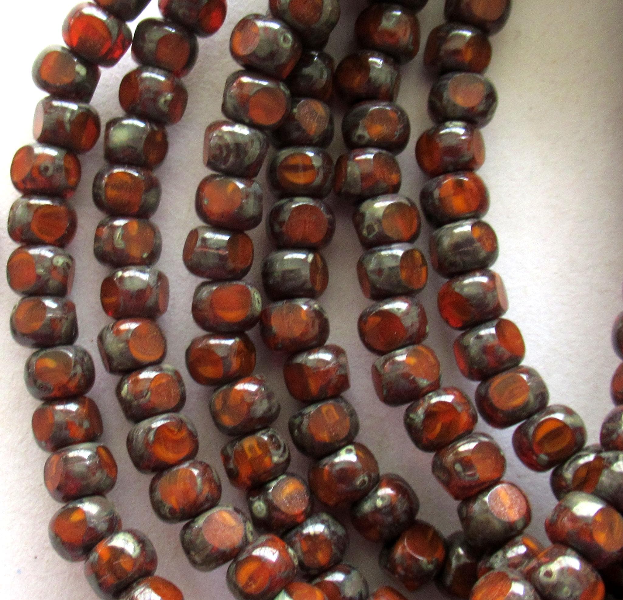 50 Czech glass 6/0 faceted seed beads - rust orange red picasso beads - 3 cut - tri-cut 4 x 3mm beads - rustic earthy beads C00611