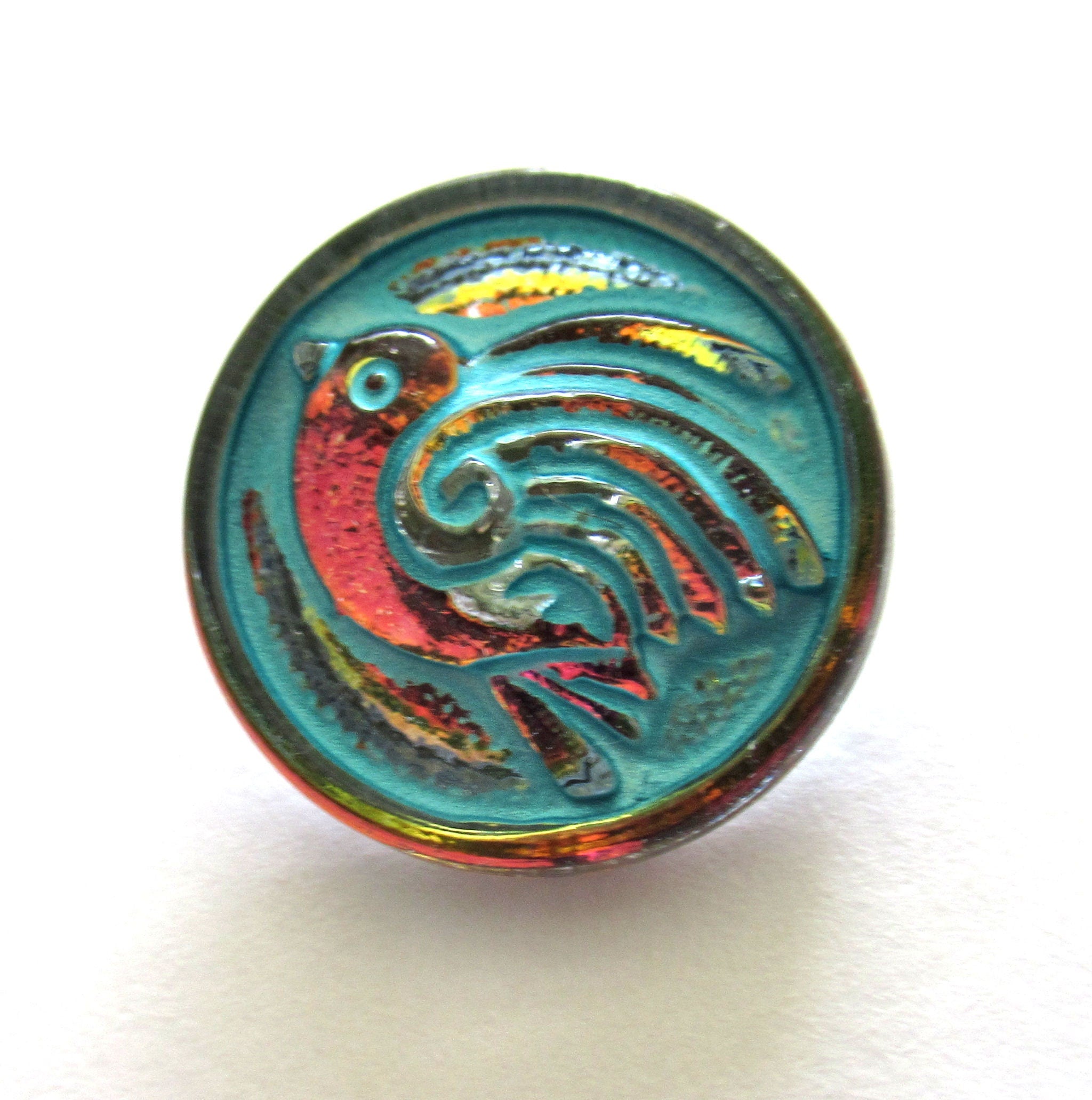 One 18mm Czech glass bird button - iridescent pink orange & yellow with a turquoise wash - decorative shank buttons 000432
