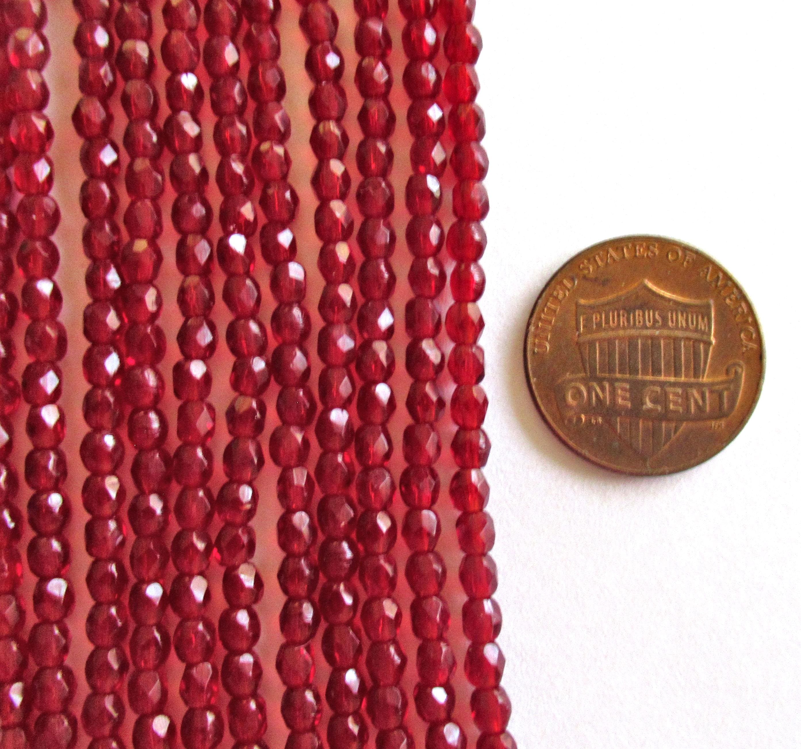 50 3mm Czech glass spacer beads - garnet red - ,fire polished, faceted round beads - C7450