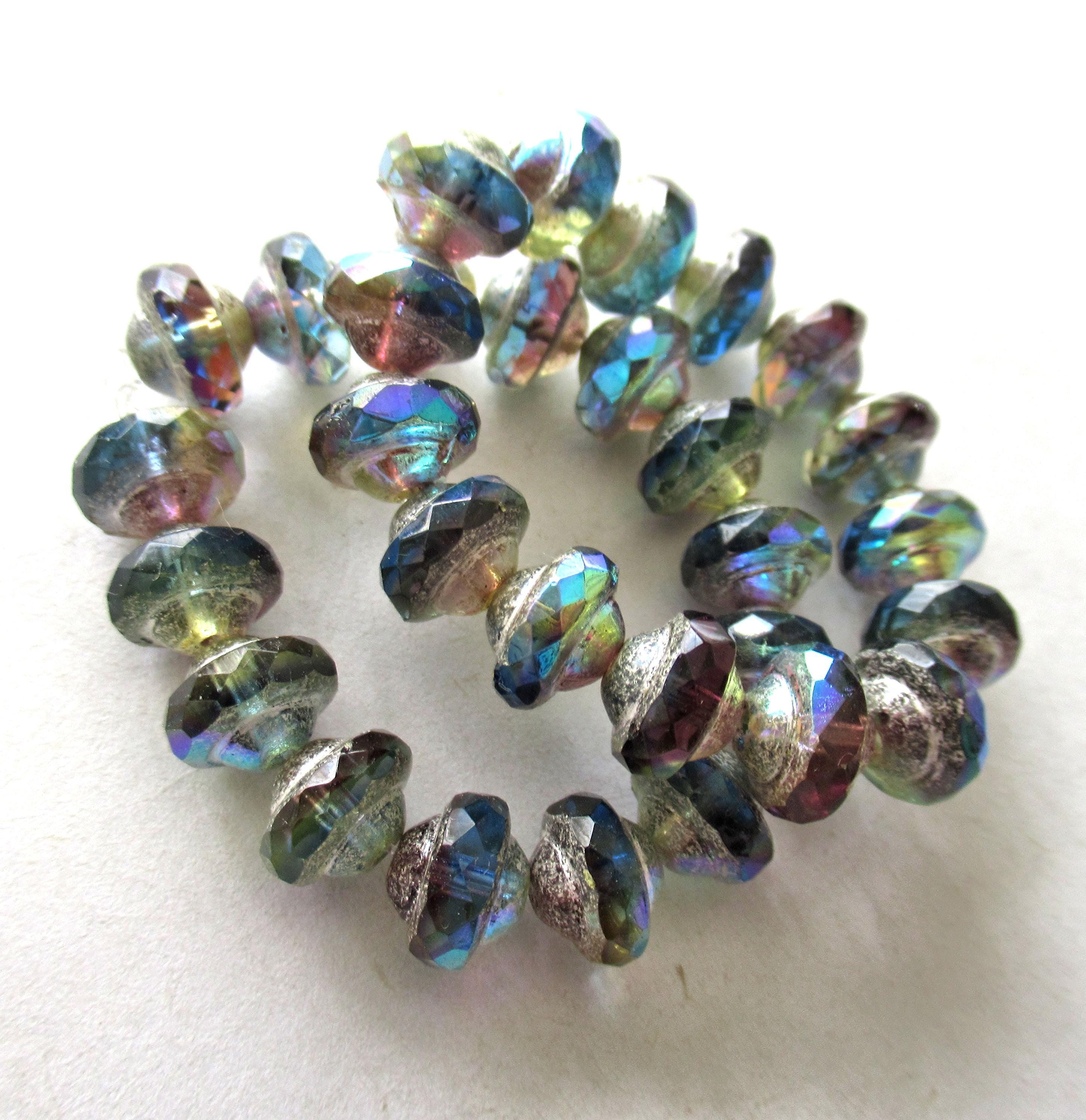 15 Czech glass mini saturn / saucer beads - 6 x 8mm blue & purple / amethyst ab color mix with a silver ab picasso finish C5842