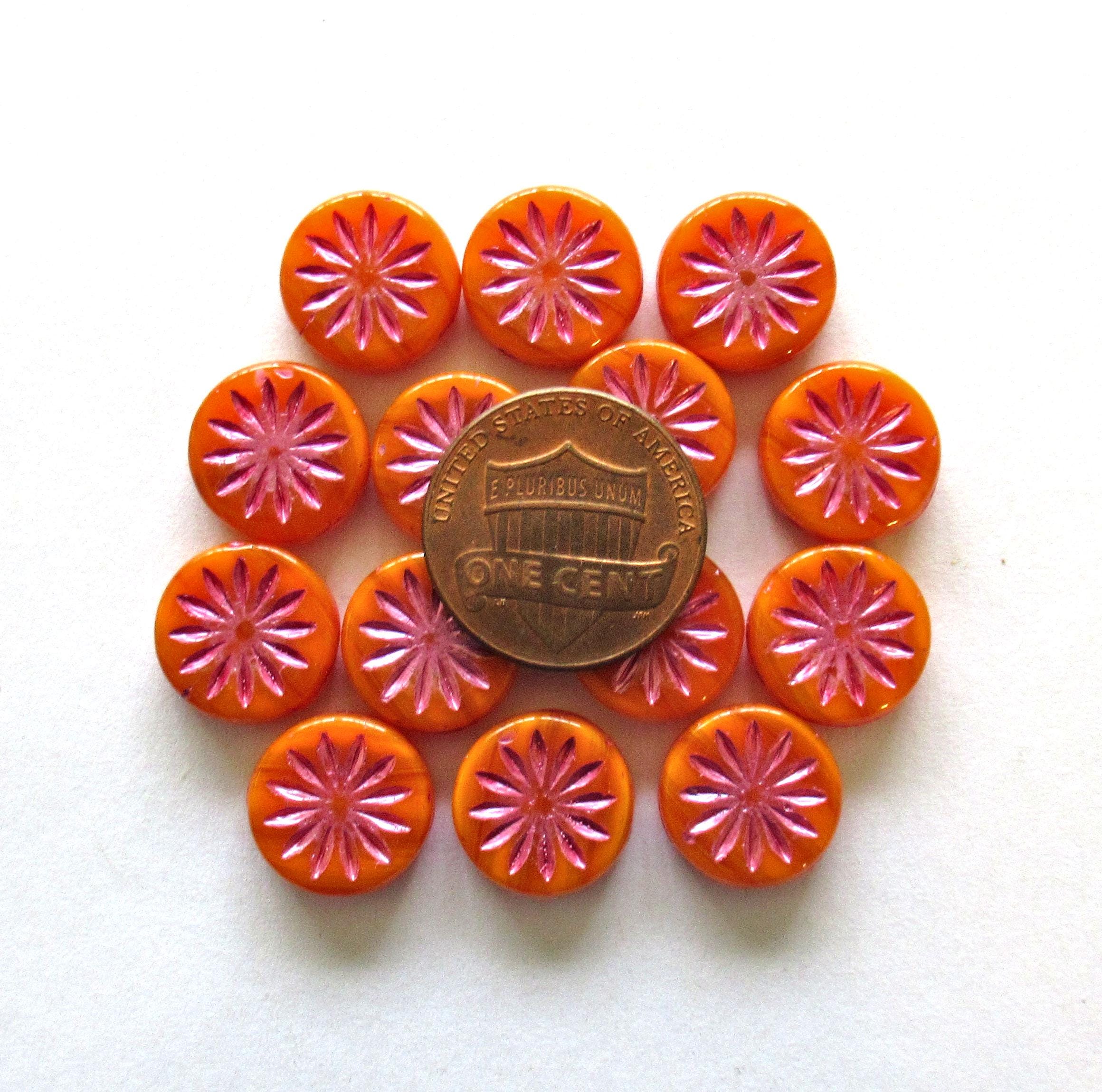 6 Czech glass coin beads - 12mm - orange opal Aster flower disc beads with pink accents - thick flat round beads - 00201