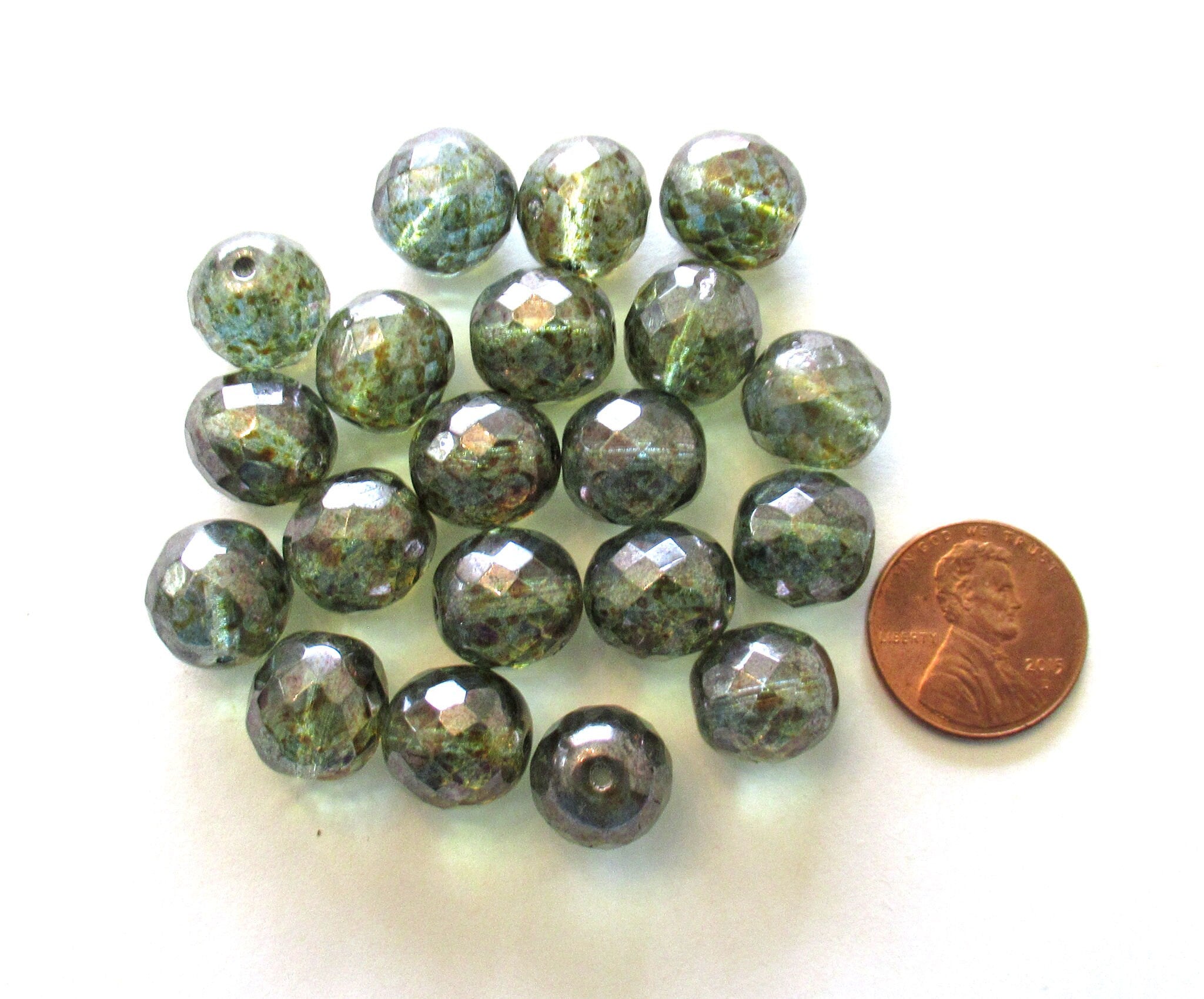 Ten 12mm Czech glass beads - lumi green faceted fire polished round beads C00451