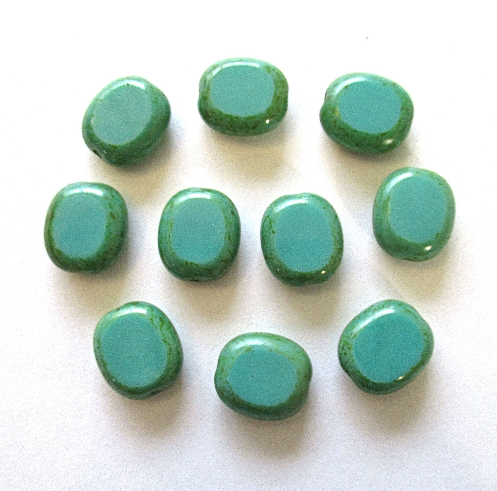 Ten Czech glass oval beads - 14 x 12mm turquoise green picasso table cut window beads - 00321