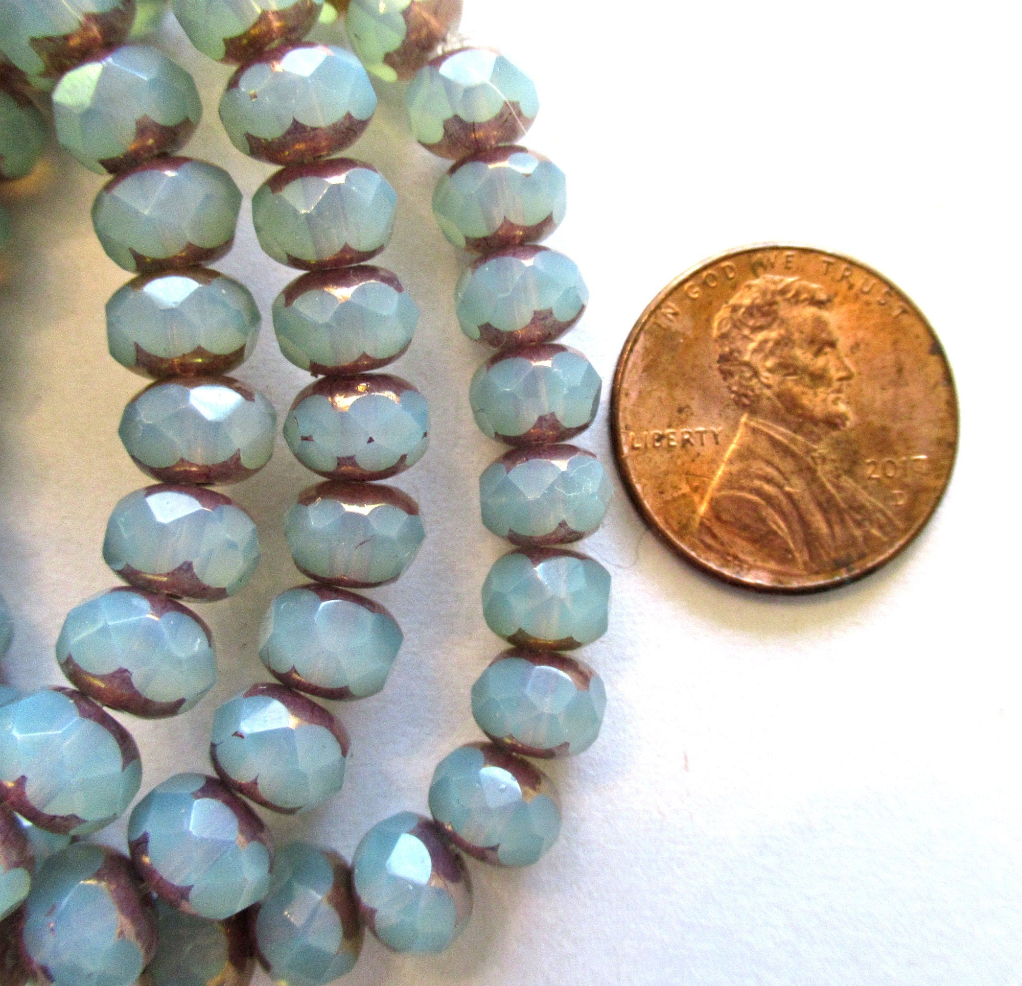 25 Czech glass puffy rondelle or donut beads - 5 x 7mm translucent light blue opal picasso beads- fire polished faceted beads 00332