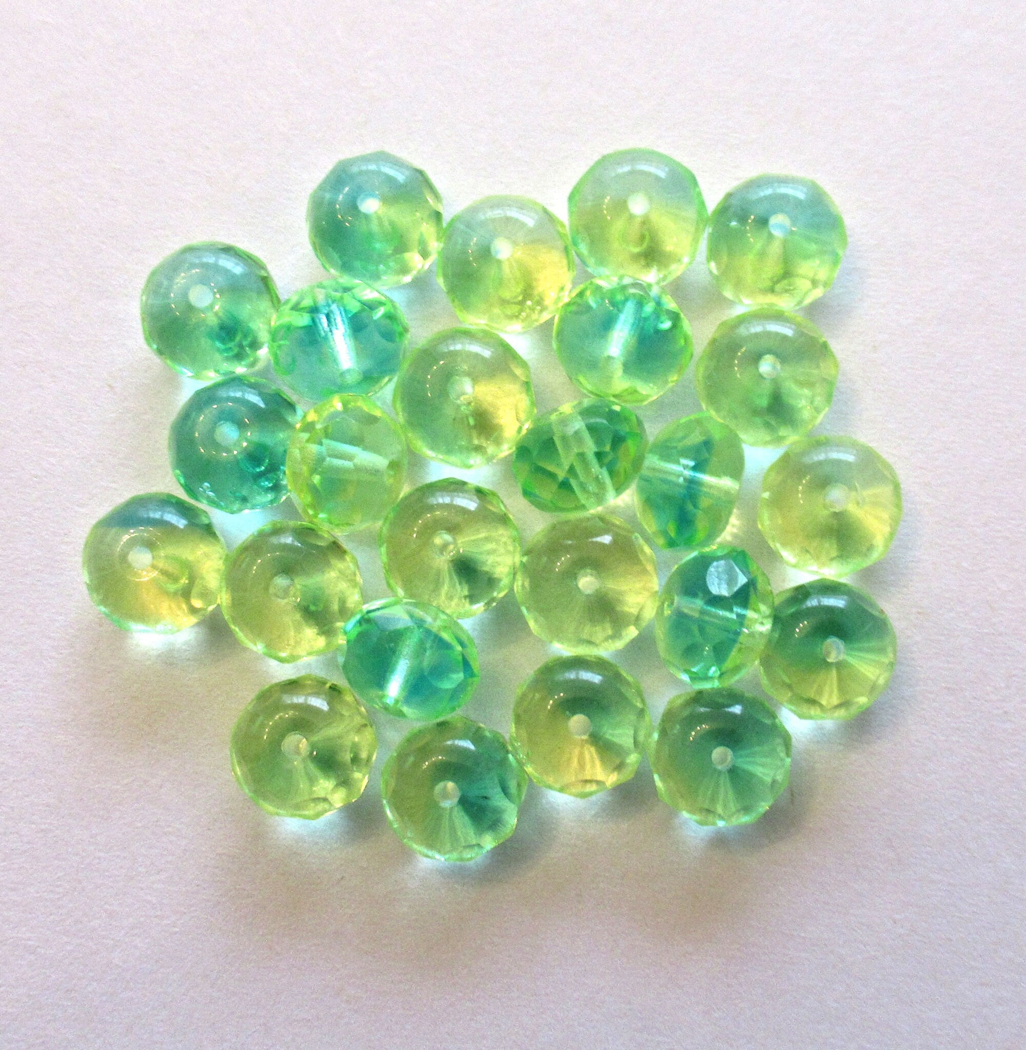 25 faceted Czech glass puffy rondelle beads - 9 x 6mm transparent green and blue mix rondelles - faceted fire polished beads - 00601